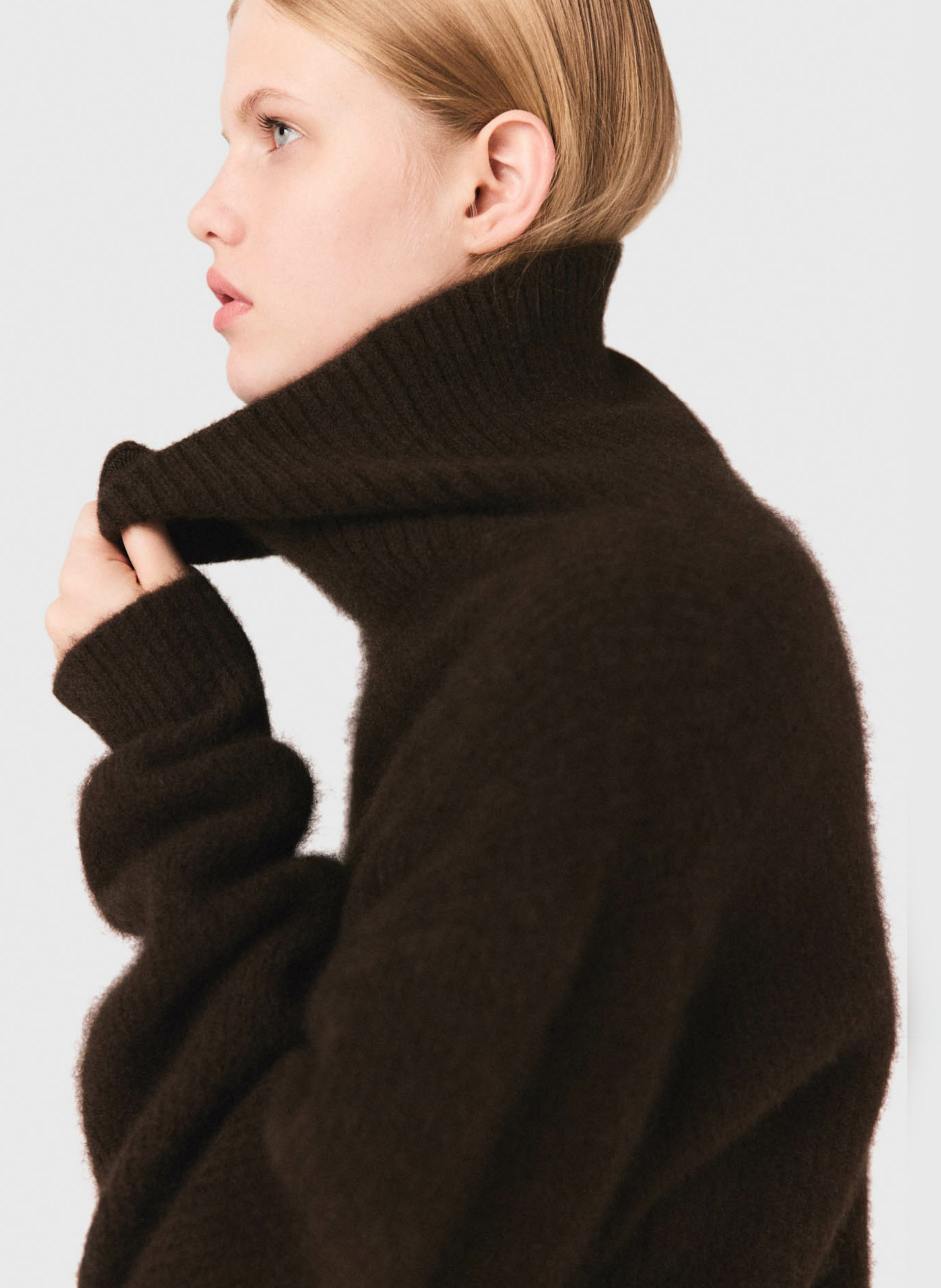 Pull col roulé en laine mélangé Marron