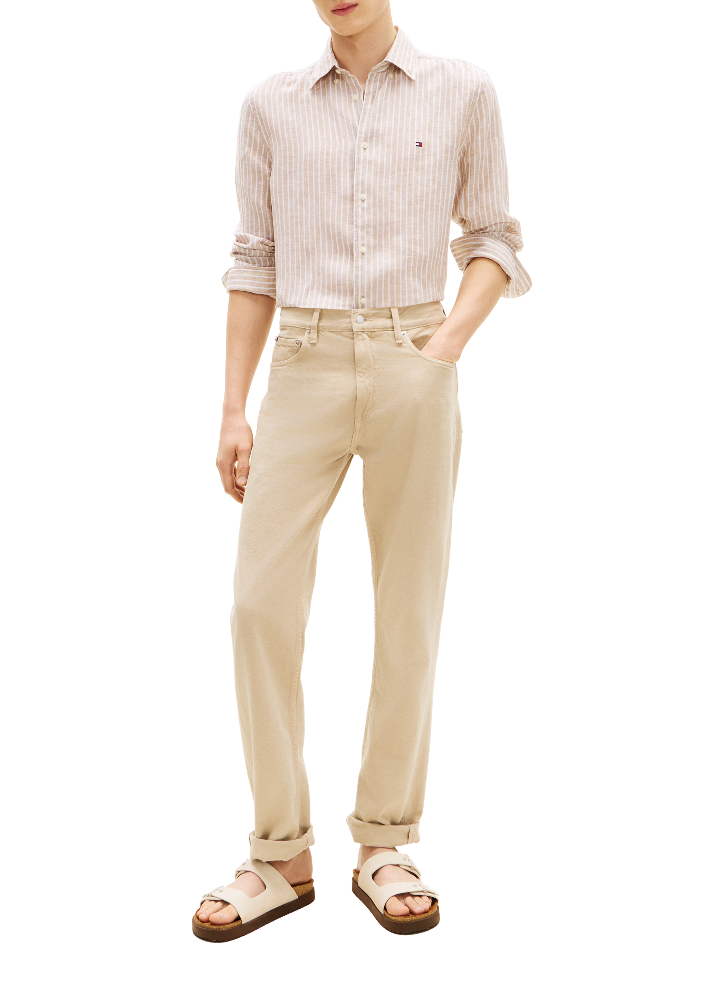 Chemise droite rayée à logo en lin TOMMY HILFIGER Beige