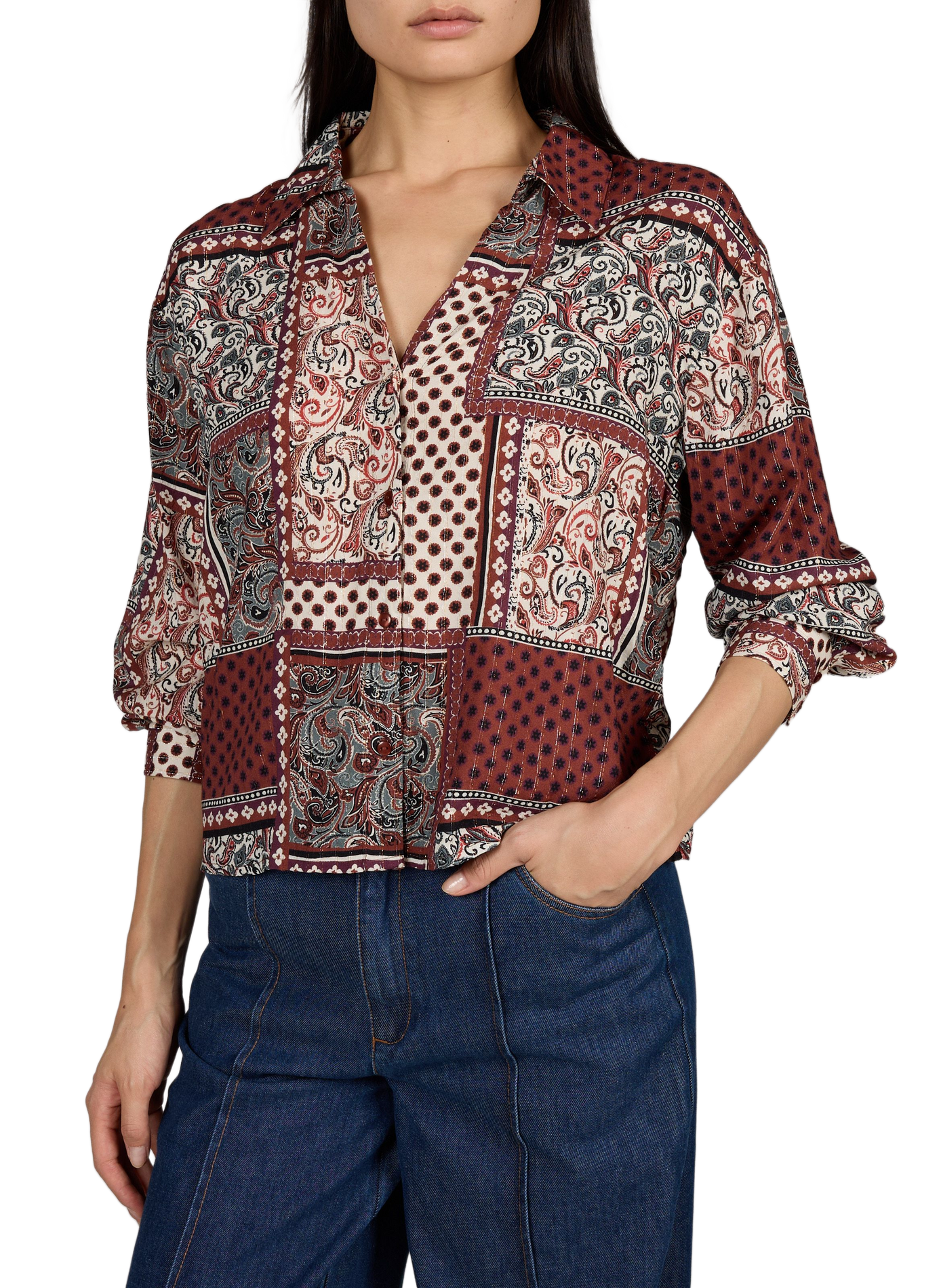 Straight-cut V-neck printed blouse VILA Beige