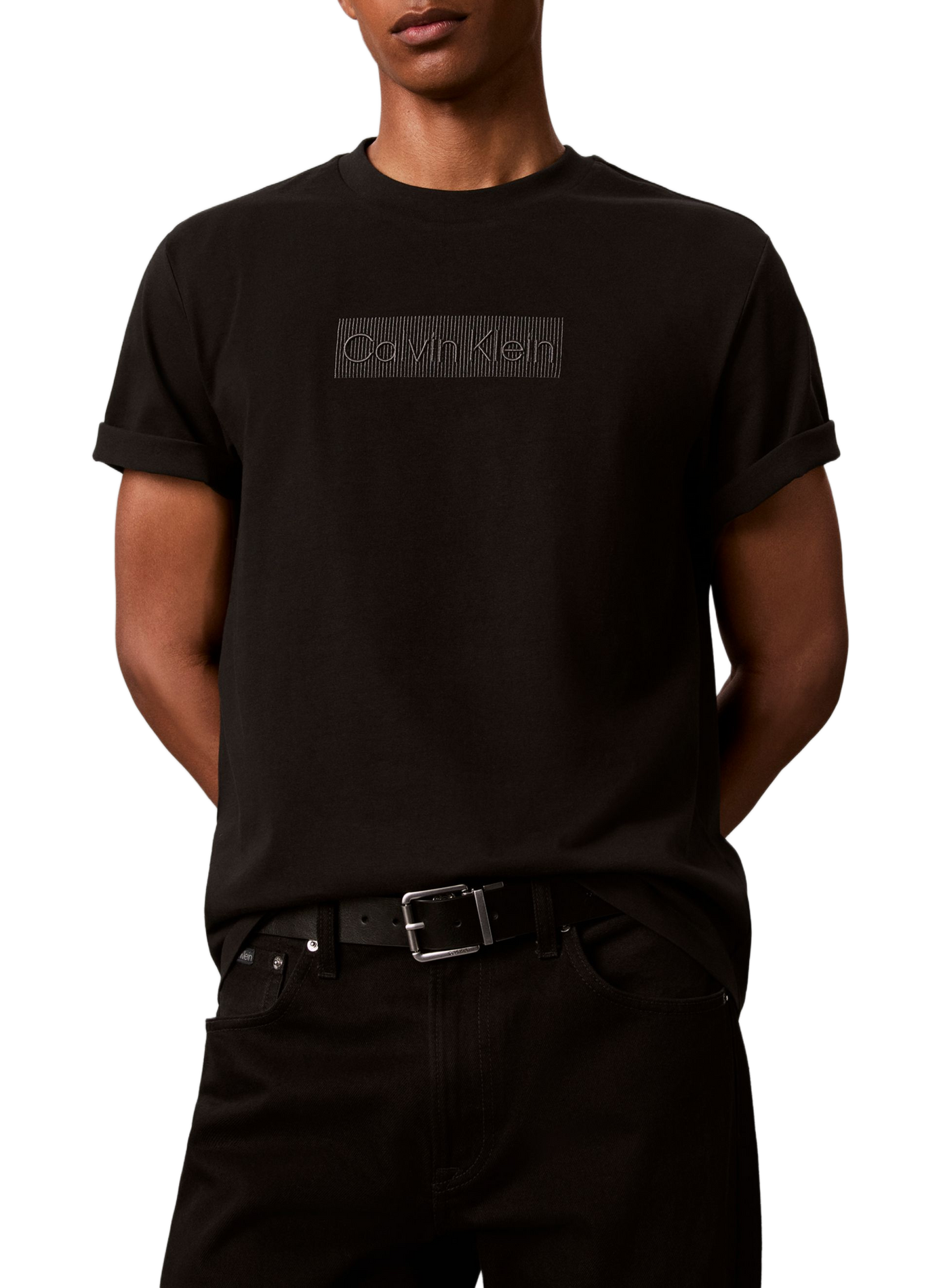 Straight Crew-Neck Embroidered T-Shirt | Black CALVIN KLEIN Men