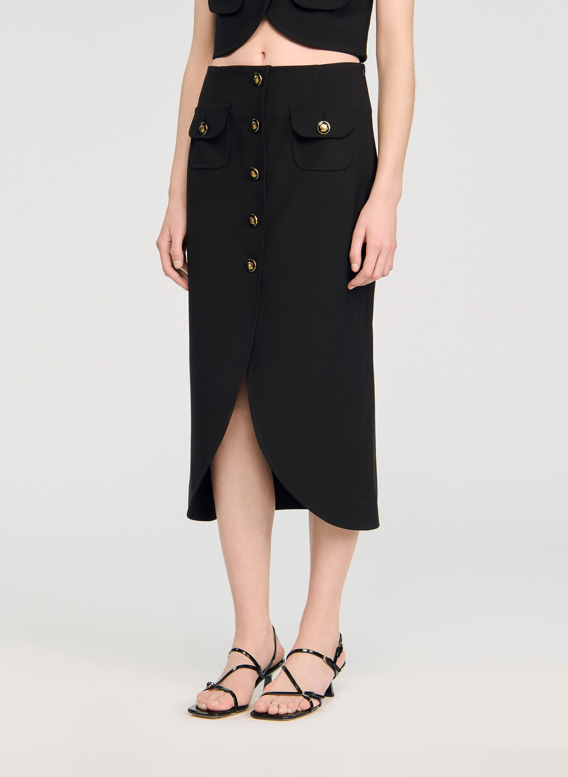 Jupe midi boutonnée en suède SANDRO Noir