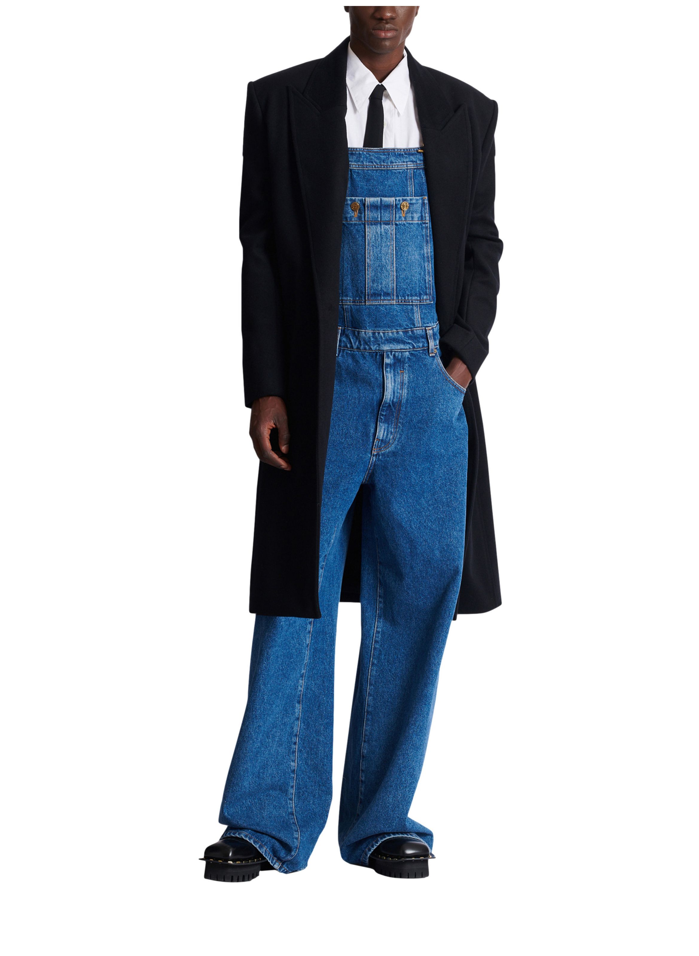 Salopette en denim bleu foncé délavé BALMAIN Bleu