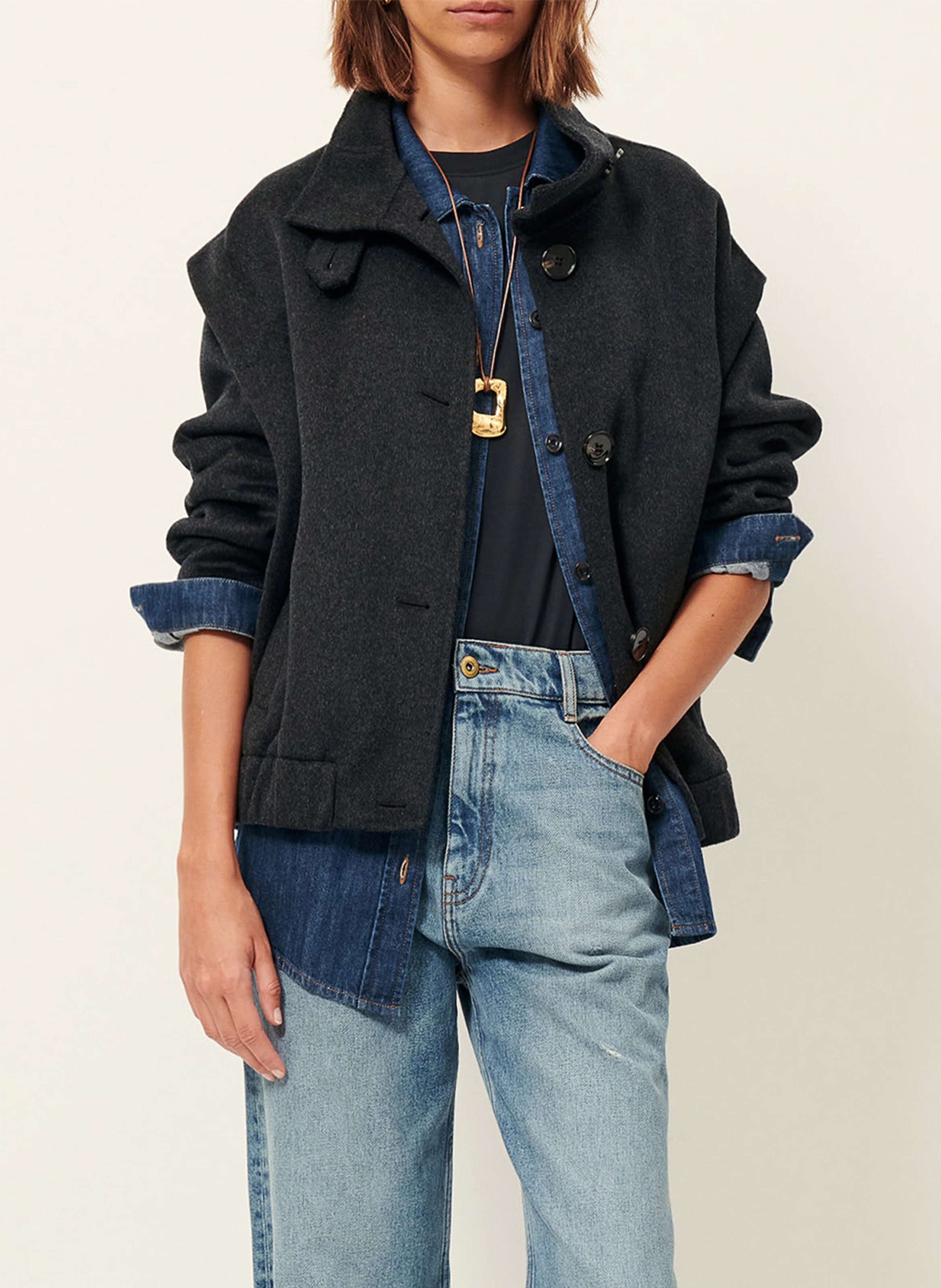 Manteau court élastiqué à plis en laine mélangée SESSUN Gris