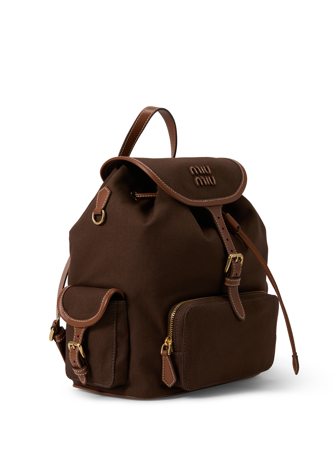 Sac à dos en toile et cuir MIU MIU Marron