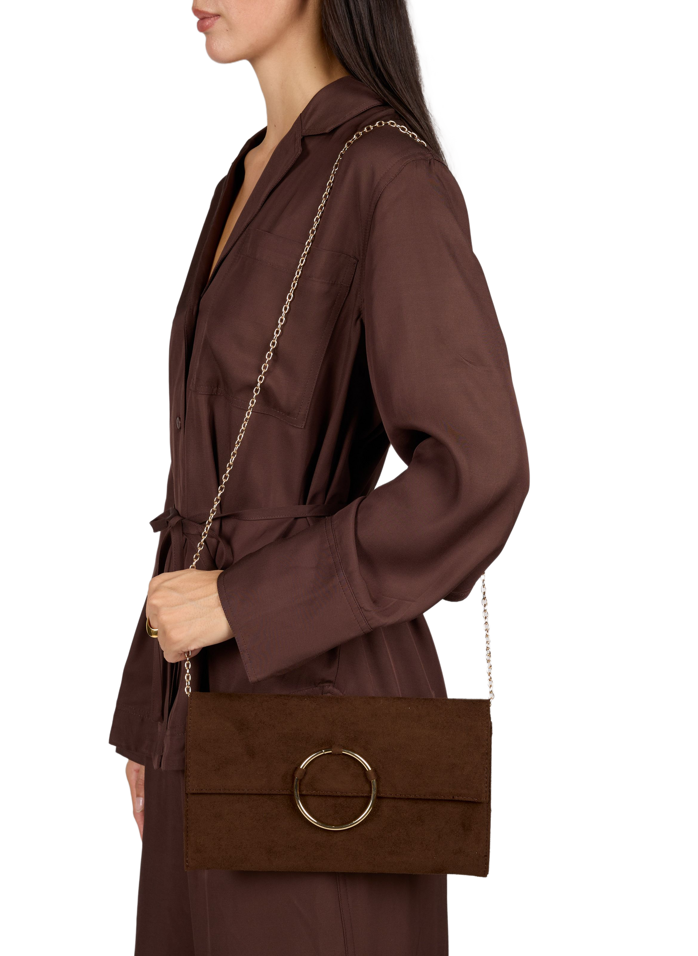 Pochette boucle aspect daim  AU PRINTEMPS PARIS Marron