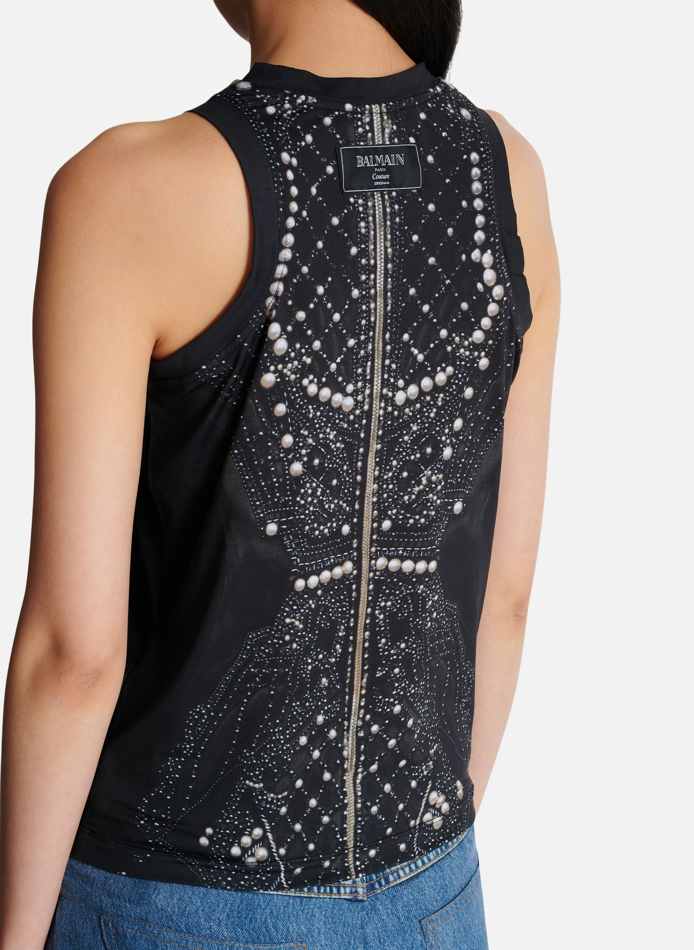 Débardeur fluide imprimé trompe-l'œil broderie BALMAIN Noir