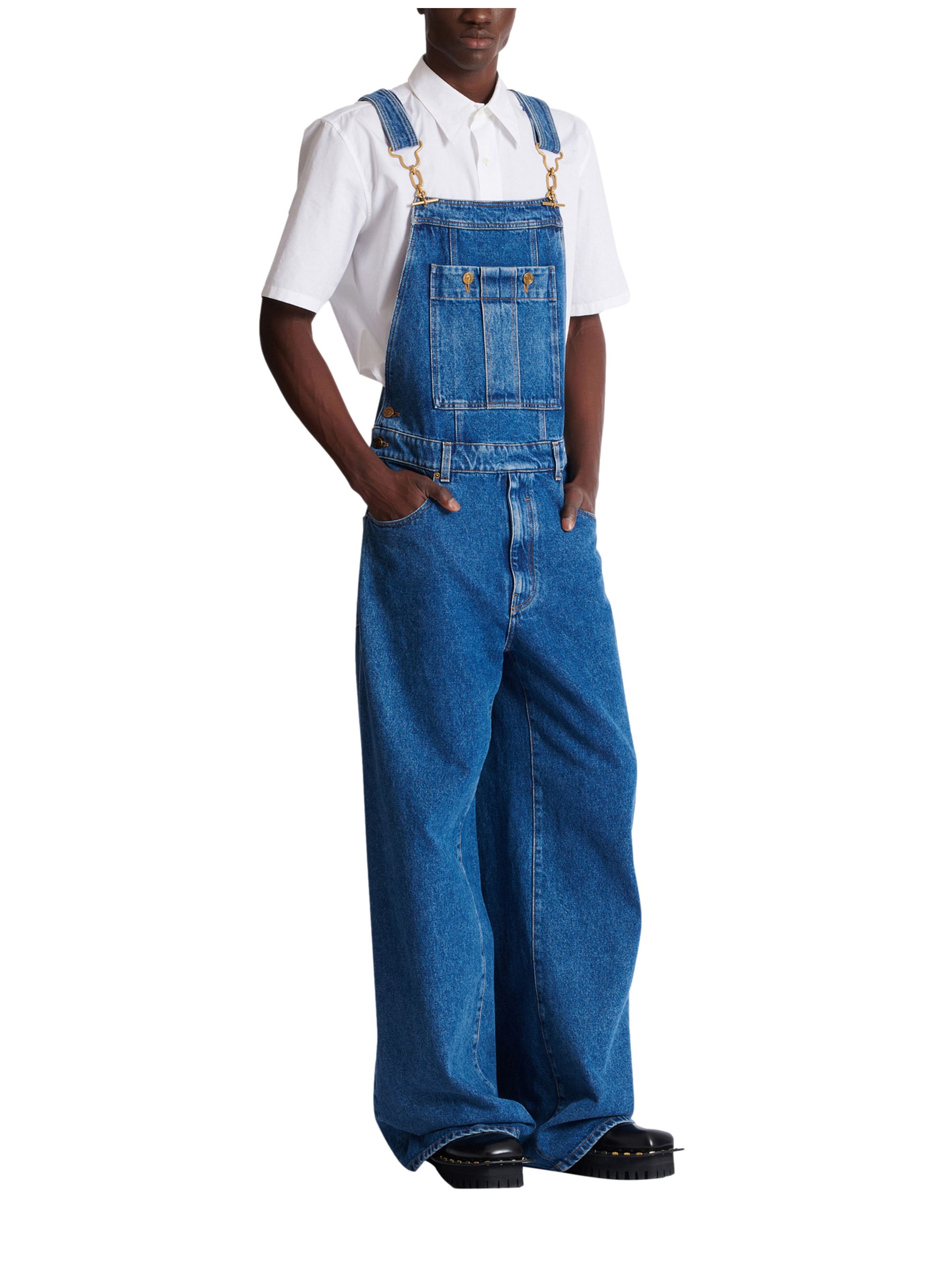 Salopette en denim bleu foncé délavé BALMAIN Bleu