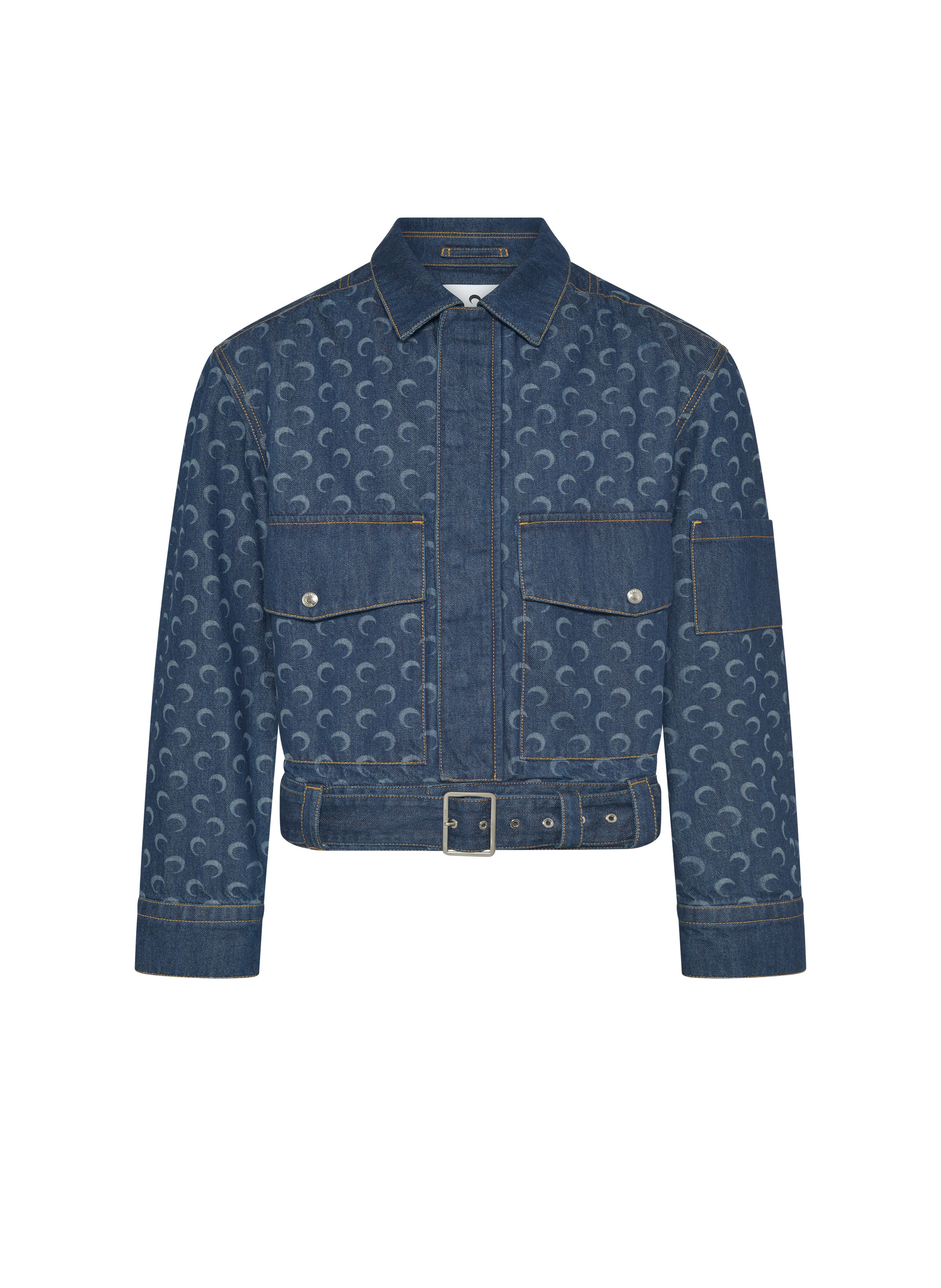 Midnight blue denim belted trucker jacket unisex MARINE SERRE Blue