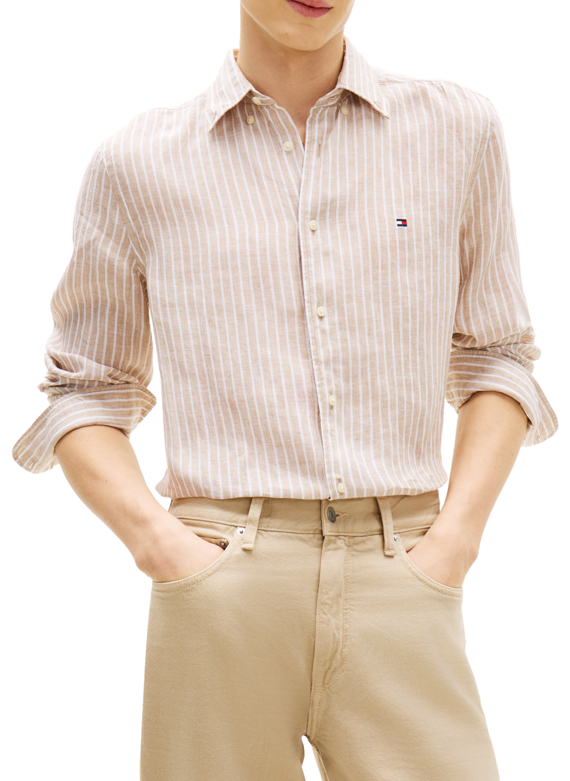 Chemise droite rayée à logo en lin TOMMY HILFIGER Beige