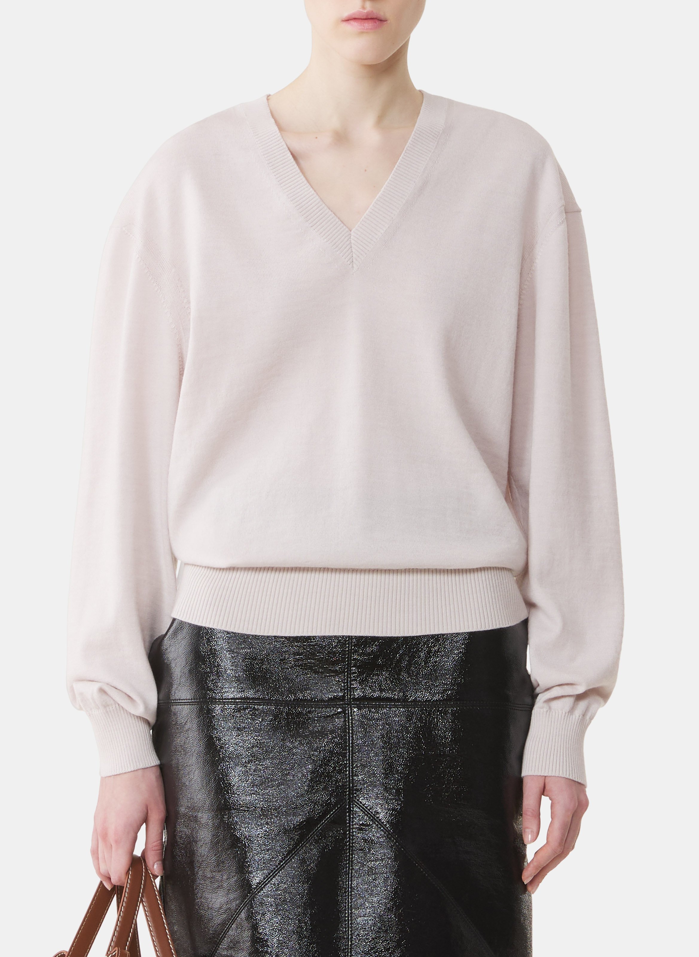 Pull col v détail gros grain en mérinos LANVIN Blanc