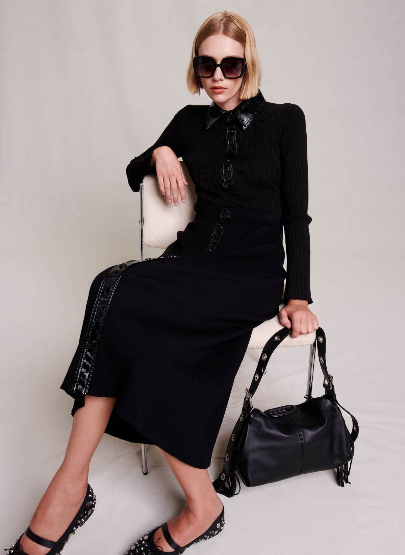 Sac bandoulière en cuir lisse miss m MAJE Noir