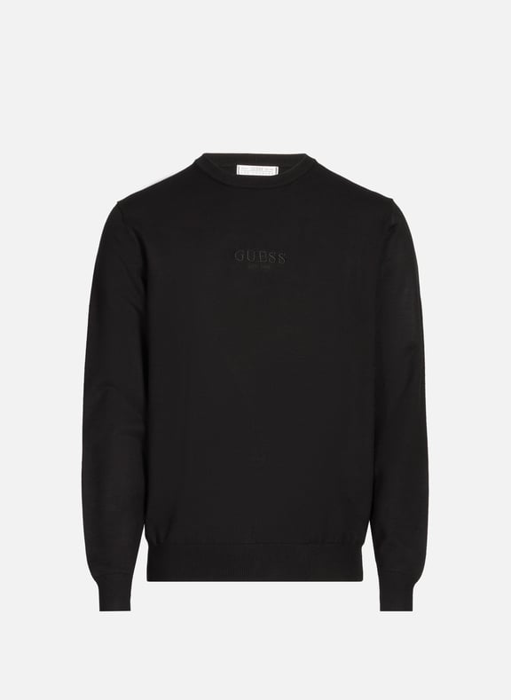 Pull droit col rond brodé Noir by GUESS GUESS Pull droit col rond brodé Noir