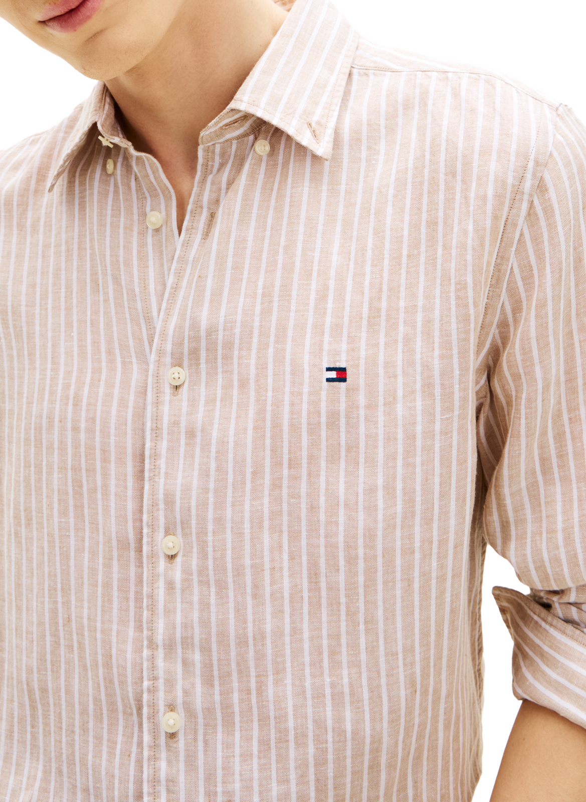 Chemise droite rayée à logo en lin TOMMY HILFIGER Beige
