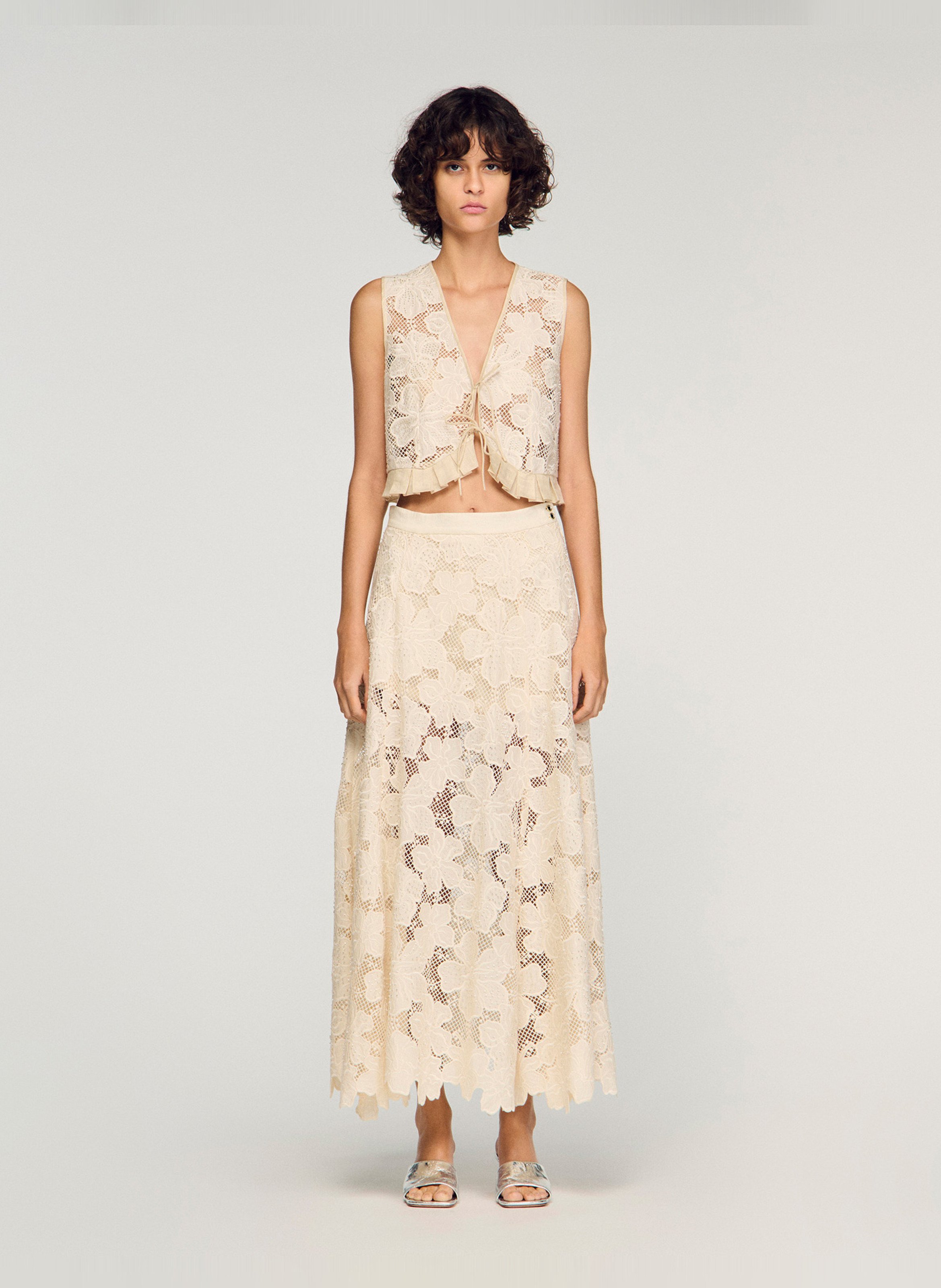 Jupe longue évasée en guipure SANDRO Beige