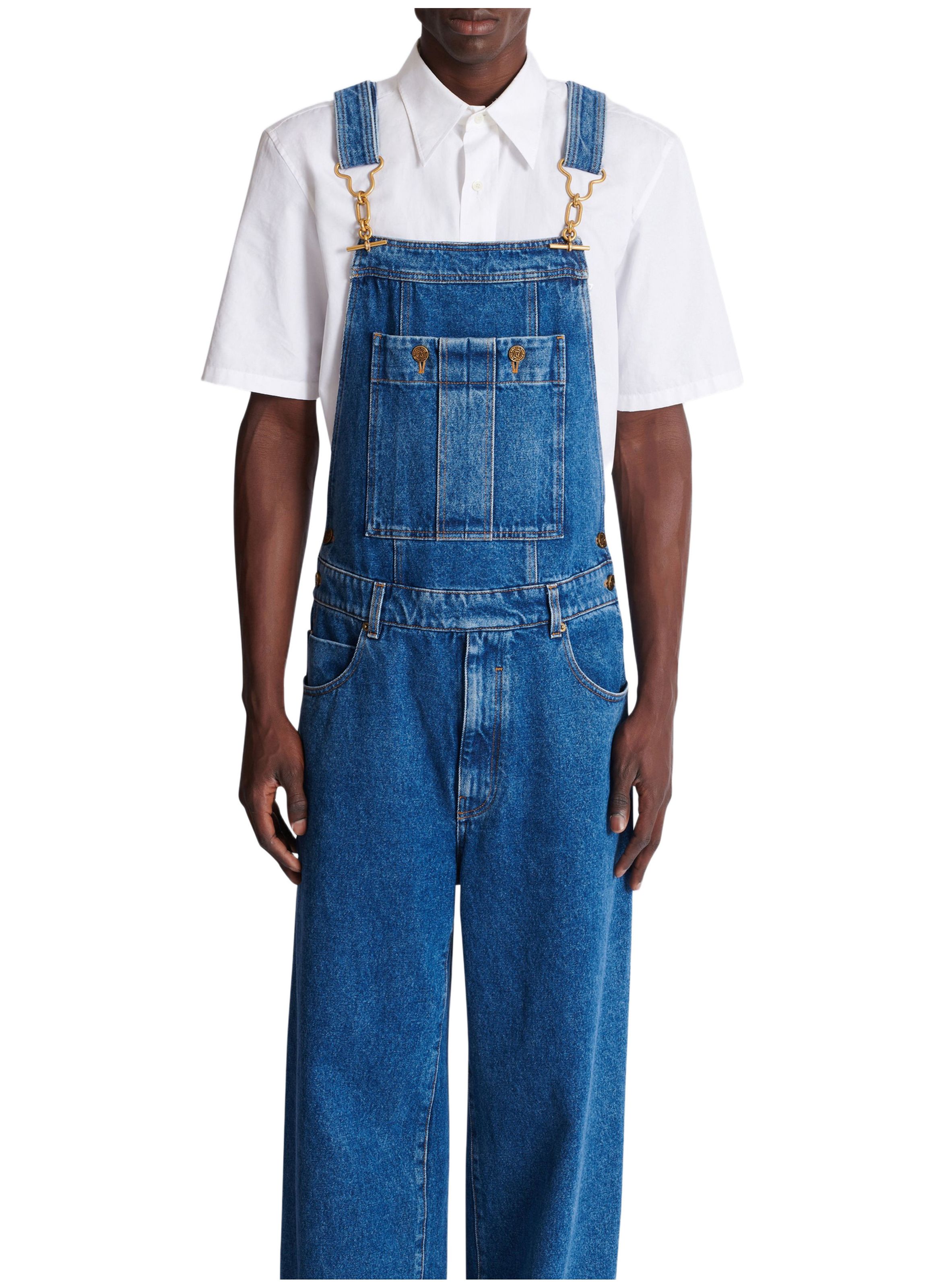 Salopette en denim bleu foncé délavé BALMAIN Bleu