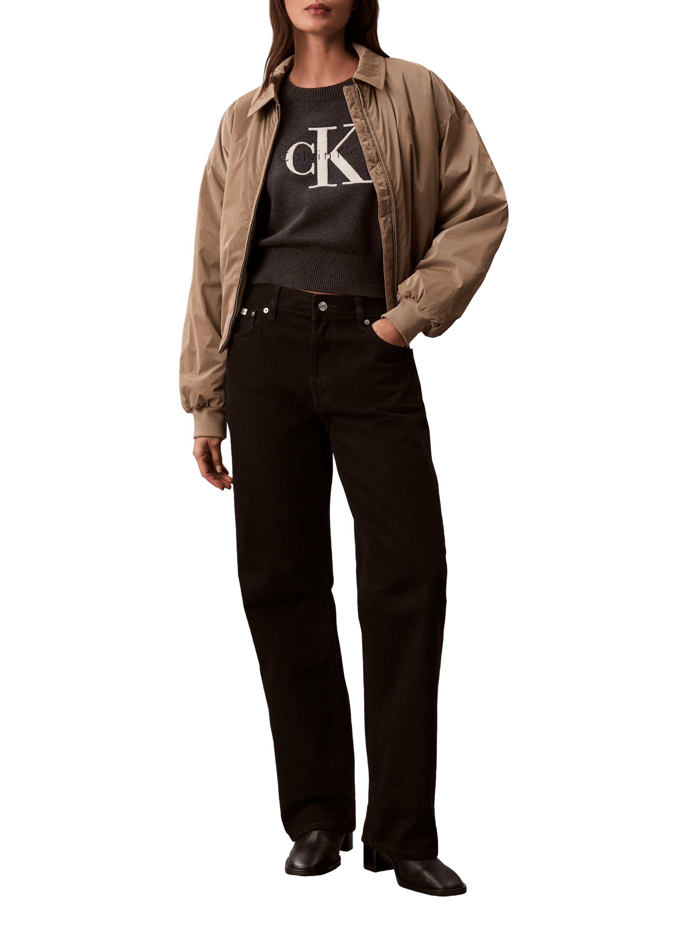 Pull manches courtes à logo en coton CALVIN KLEIN Gris