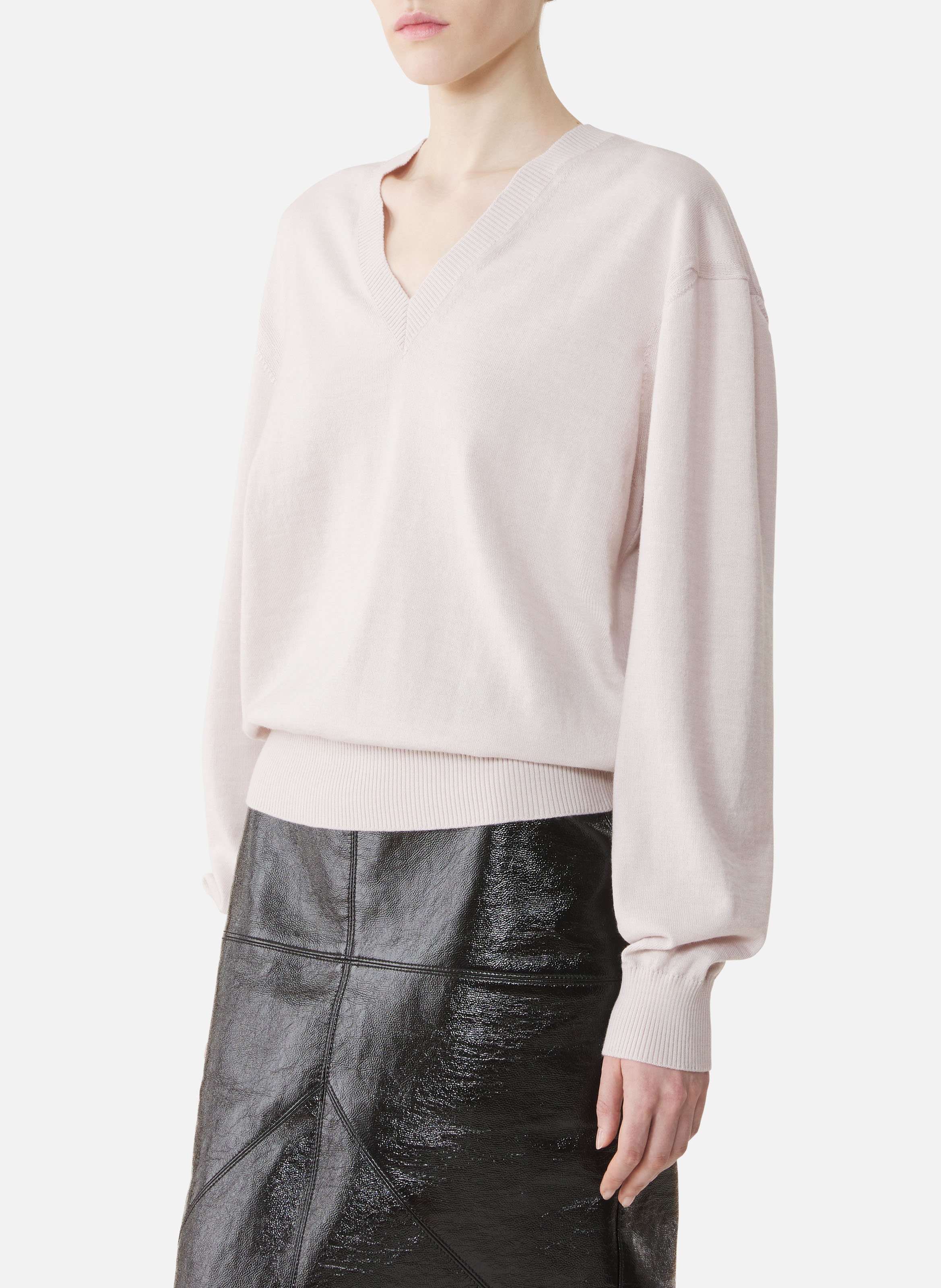 Pull col v détail gros grain en mérinos LANVIN Blanc