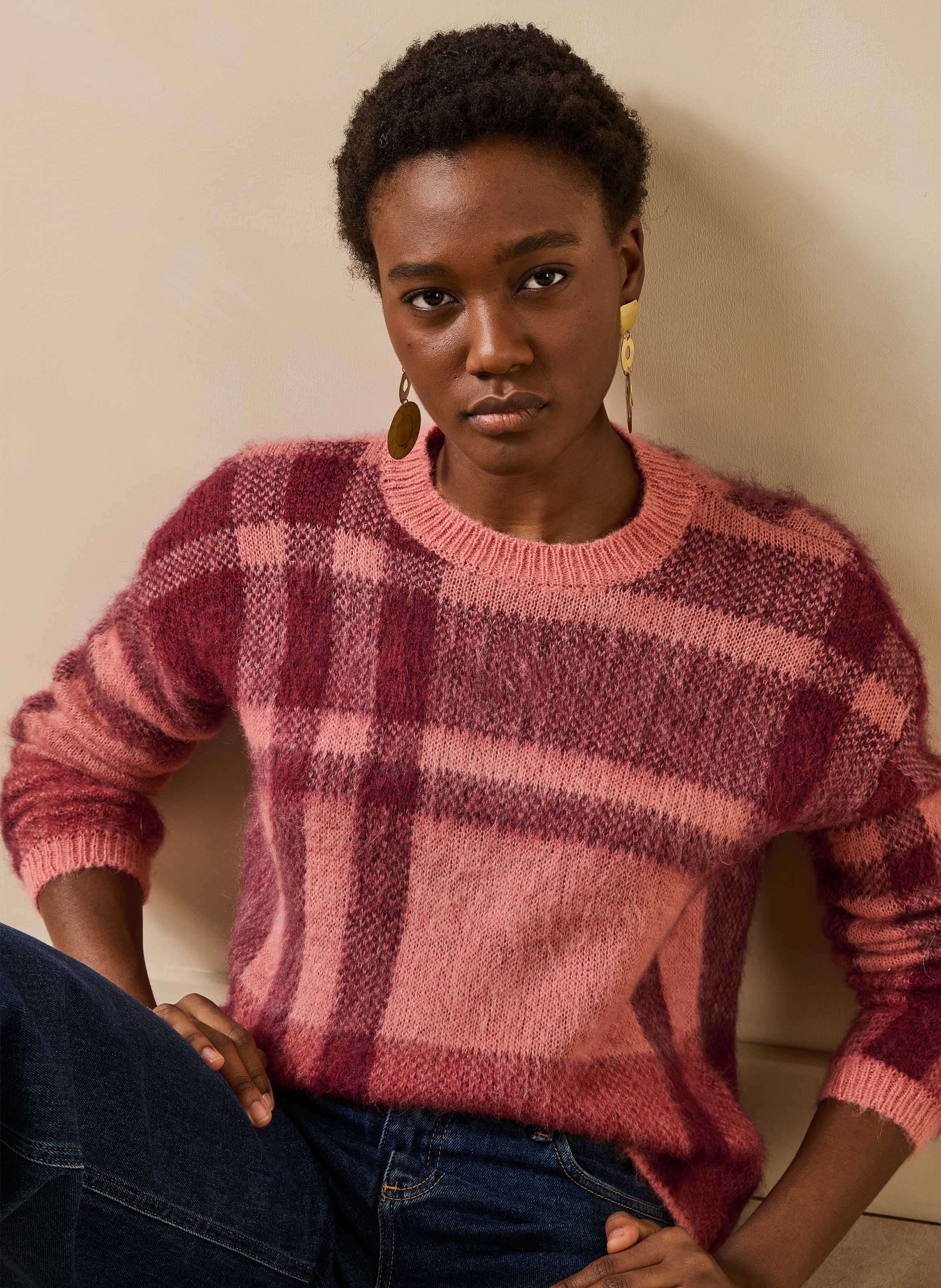 Trui van jacquard met ruitmotief in een mohairmix LA FEE MARABOUTEE Roze