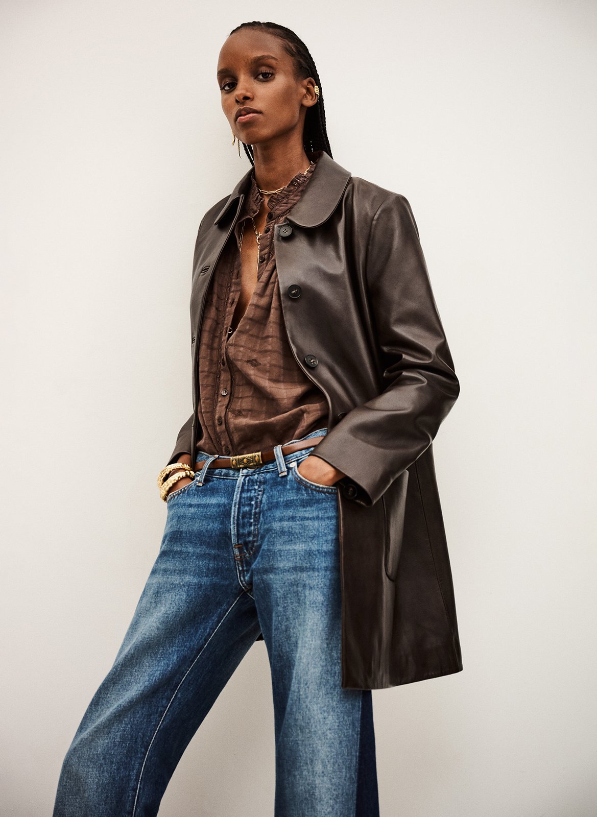 Veste en cuir col chemise madie BA&SH Marron