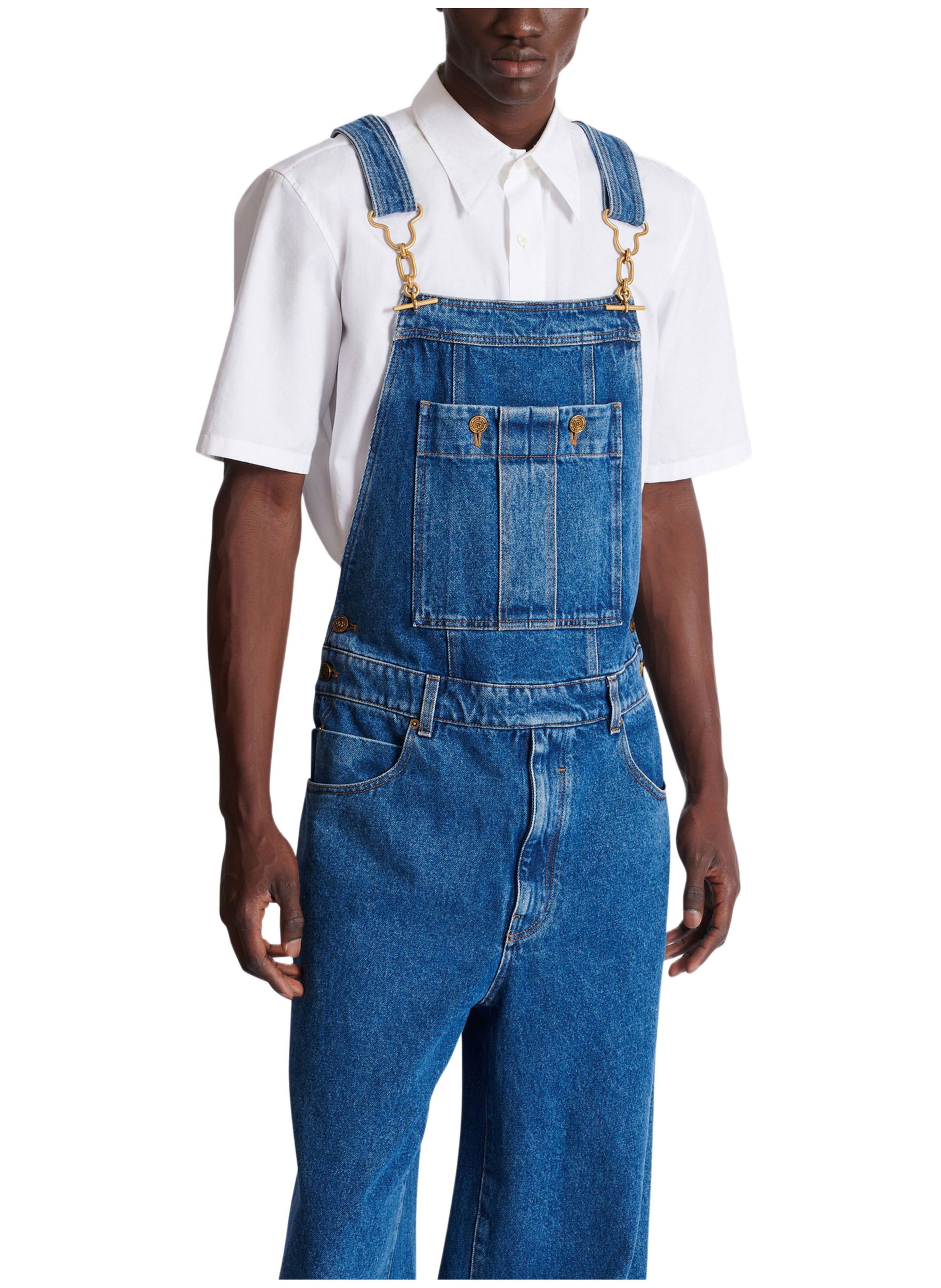 Salopette en denim bleu foncé délavé BALMAIN Bleu