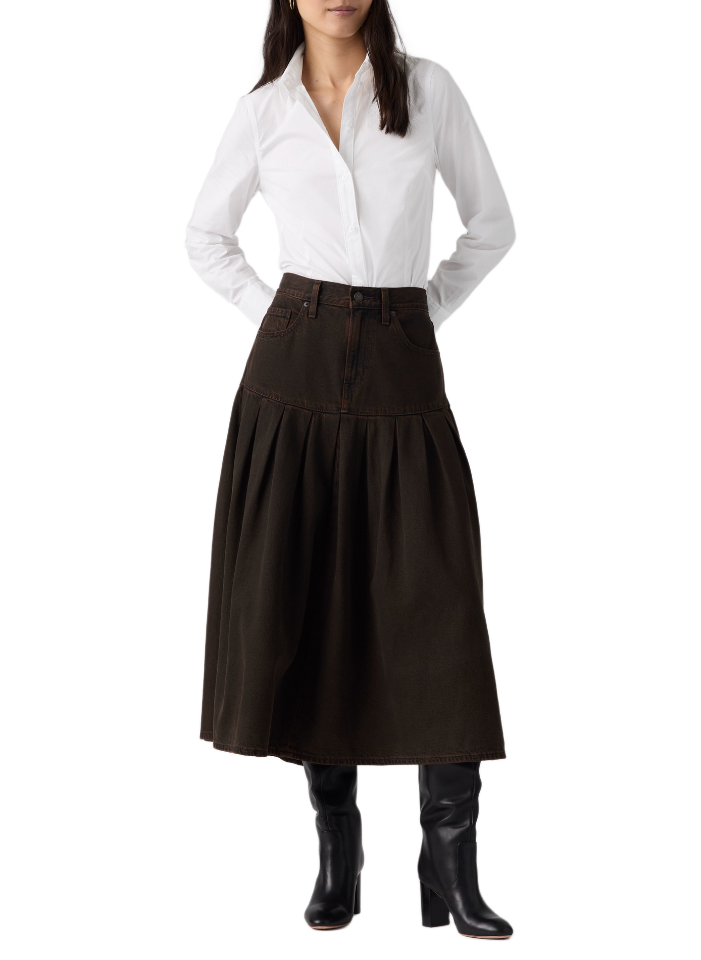 Flared midi denim cotton skirt. LEVI'S Brown