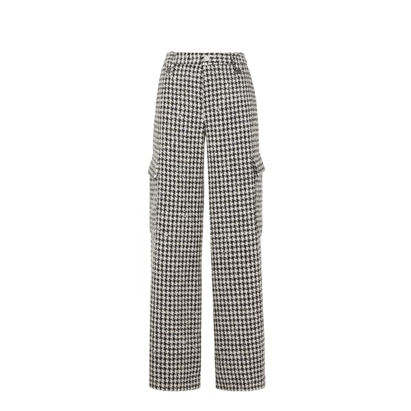 Pantalon large pied de poule et sequins en laine vierge mélangée