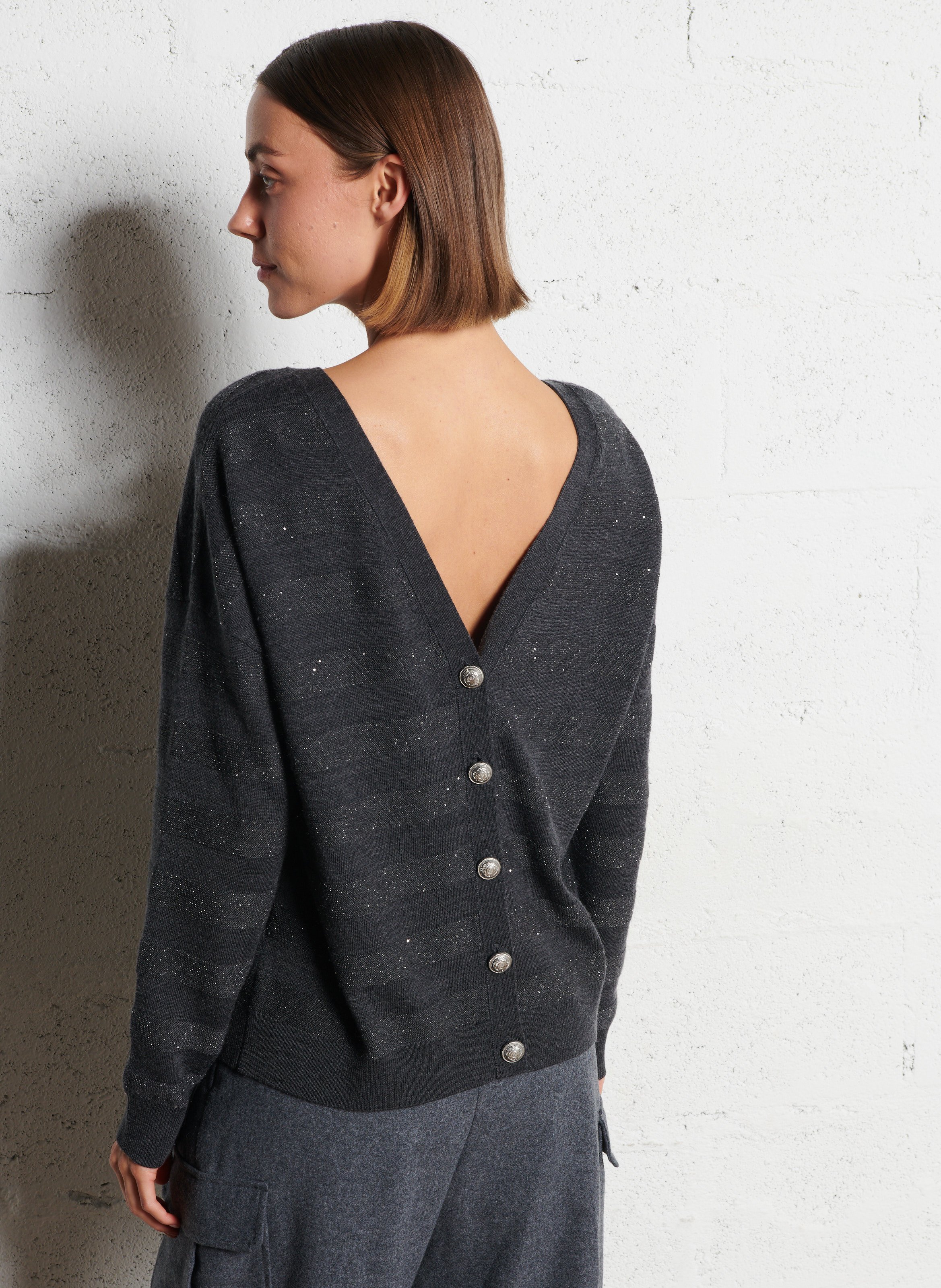 Cardigan devant dos boutonné rayé à sequins IKKS Gris