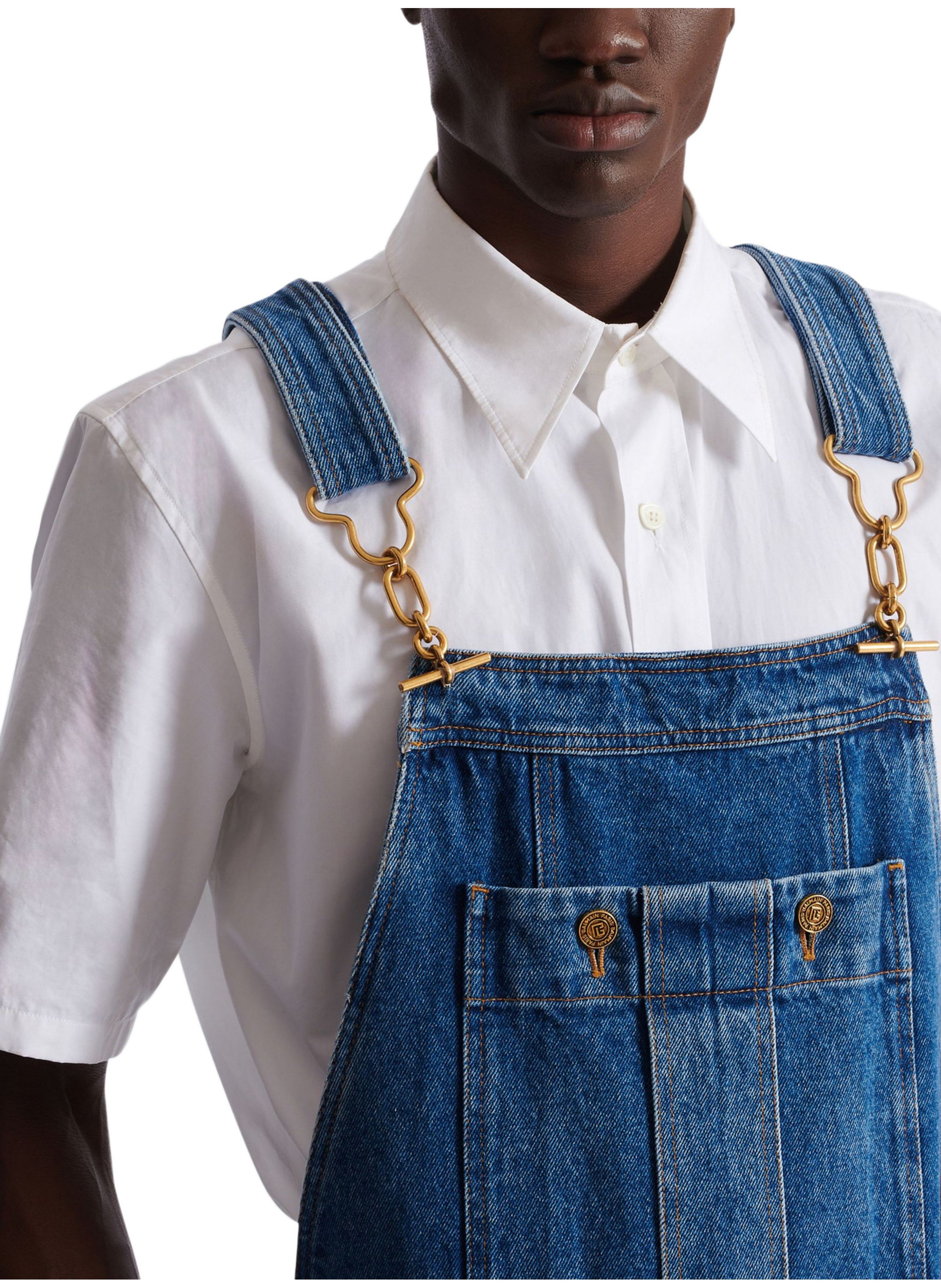 Salopette en denim bleu foncé délavé BALMAIN Bleu