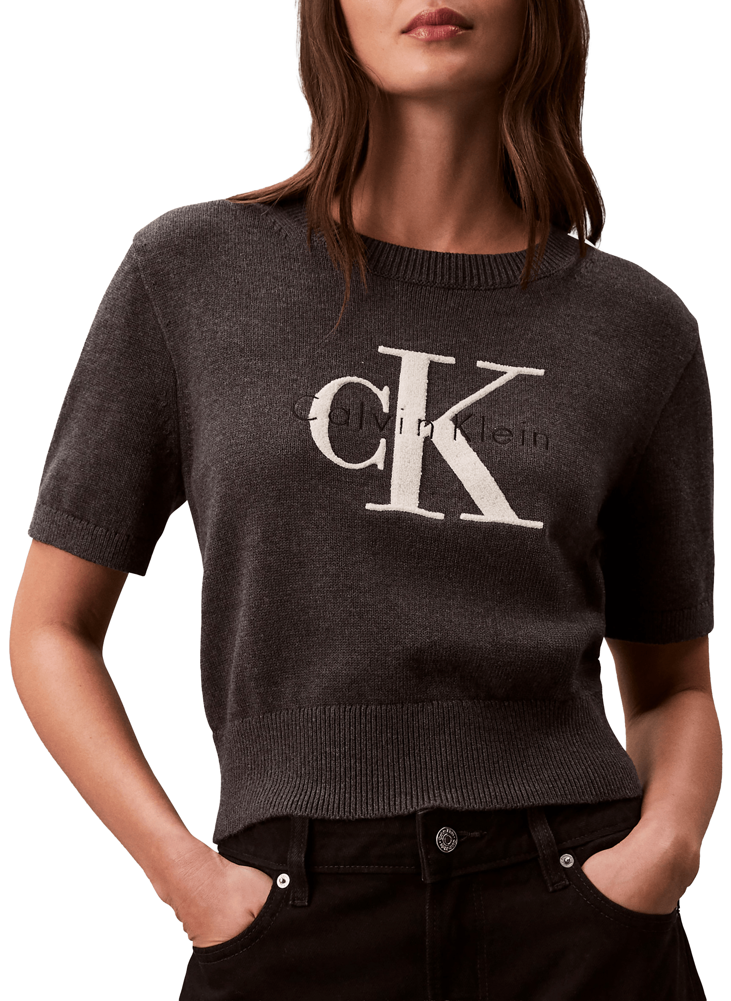Pull manches courtes à logo en coton CALVIN KLEIN Gris