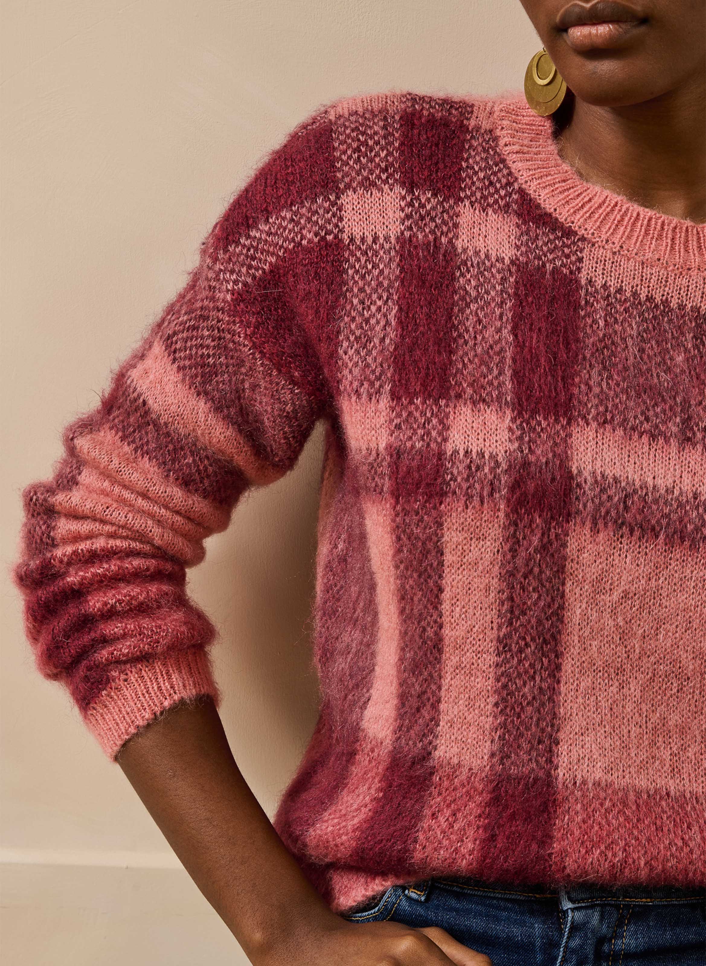 Trui van jacquard met ruitmotief in een mohairmix LA FEE MARABOUTEE Roze