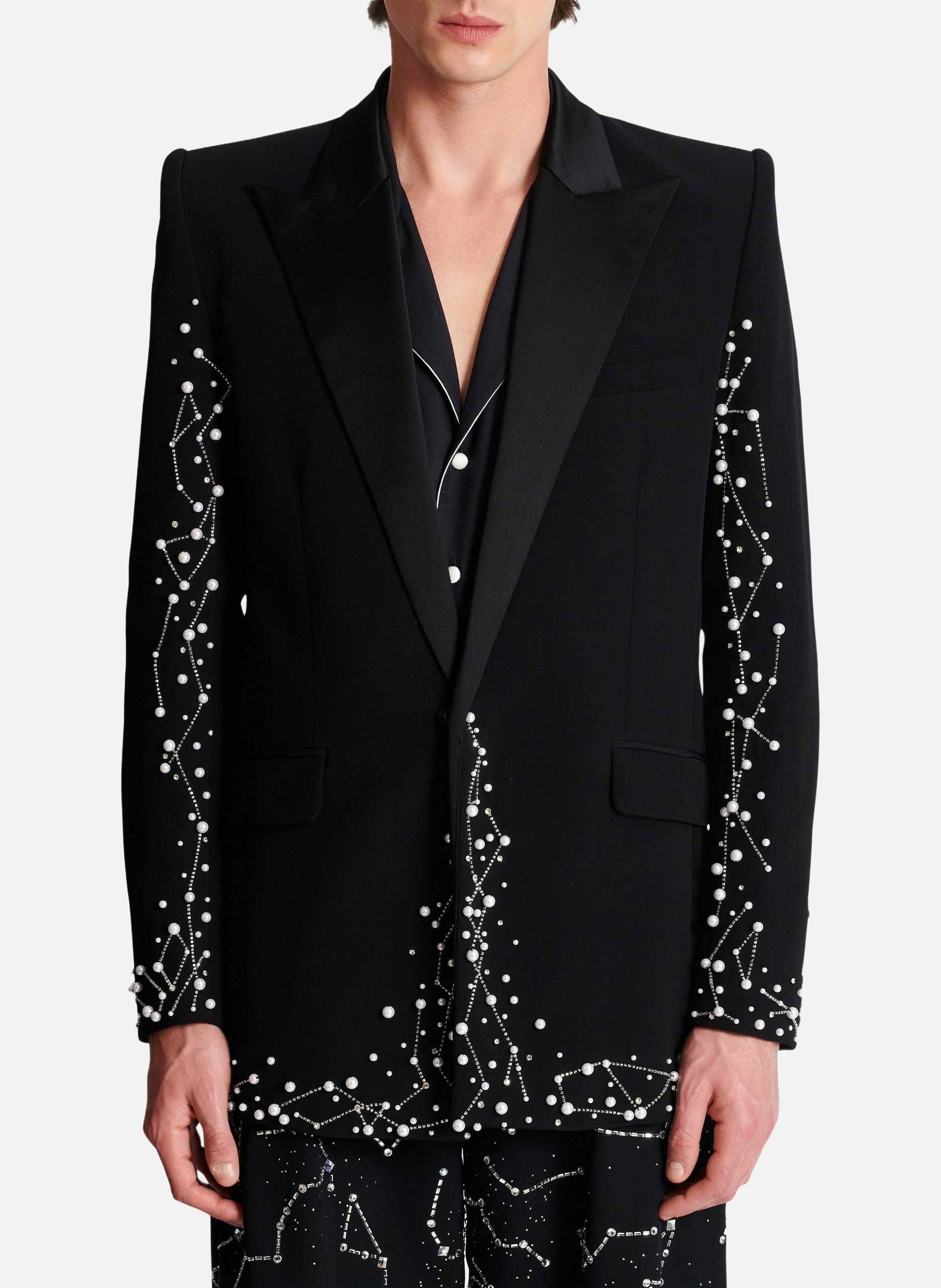 Veste 1 bouton brodée motif constellation BALMAIN Argent