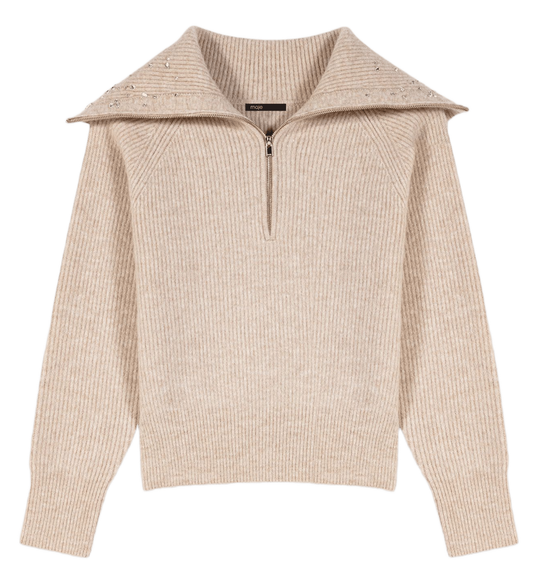 Pull droit col rabattu en maille MAJE Beige