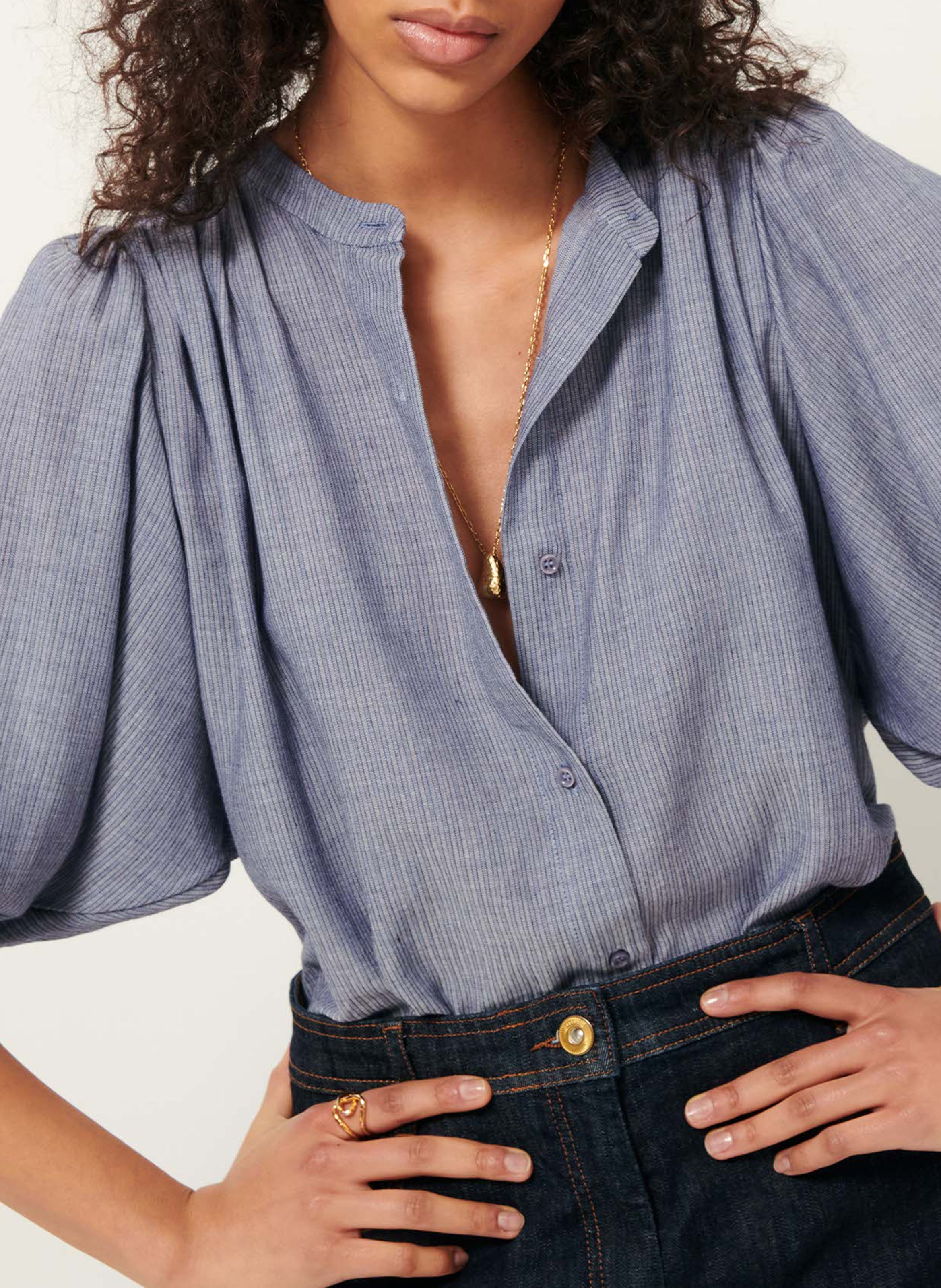 Chemise ample col mao en coton bio a view SESSUN Bleu