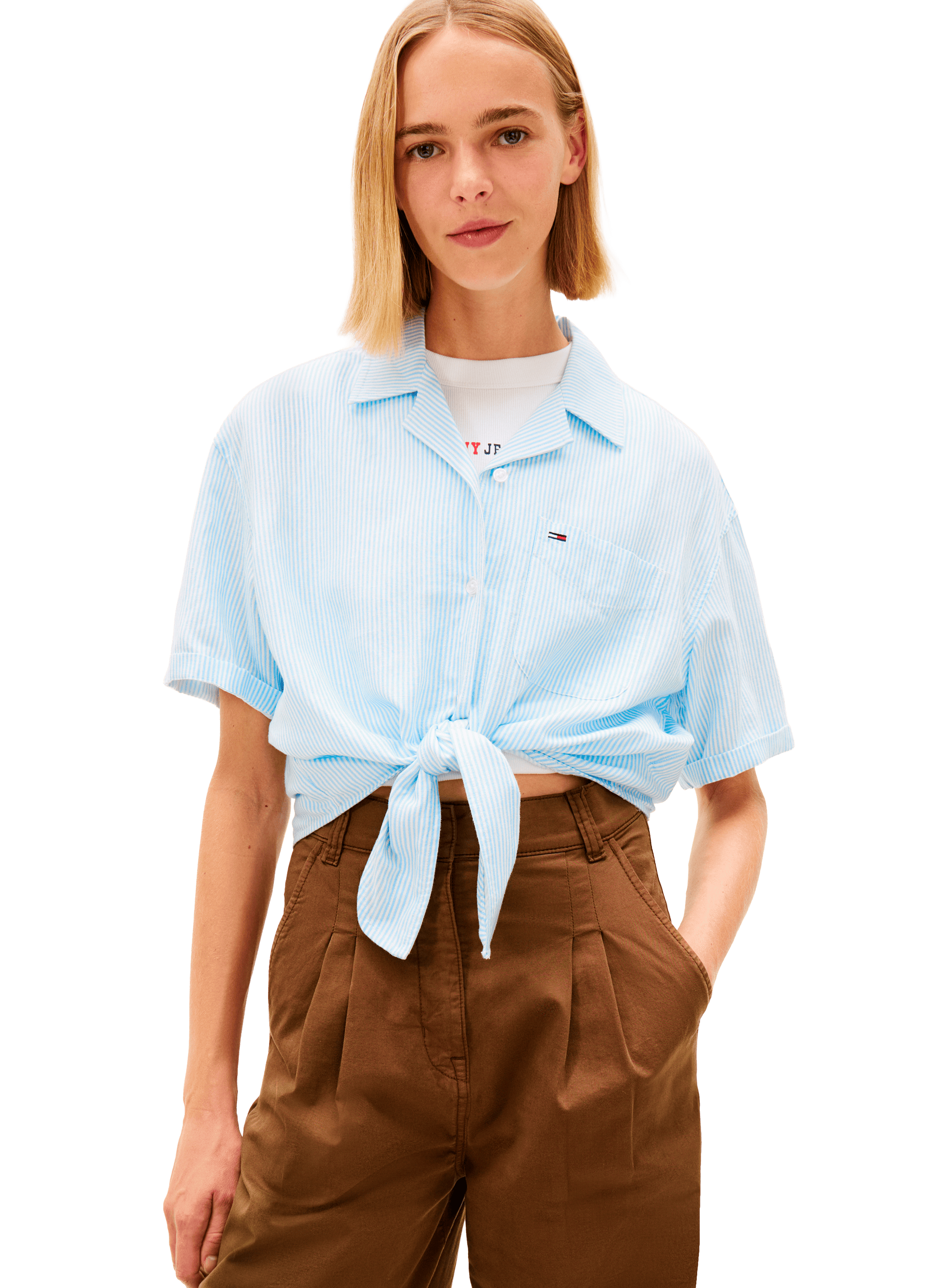Short-sleeved blouse with bow in linen and linen blend TOMMY HILFIGER Blue