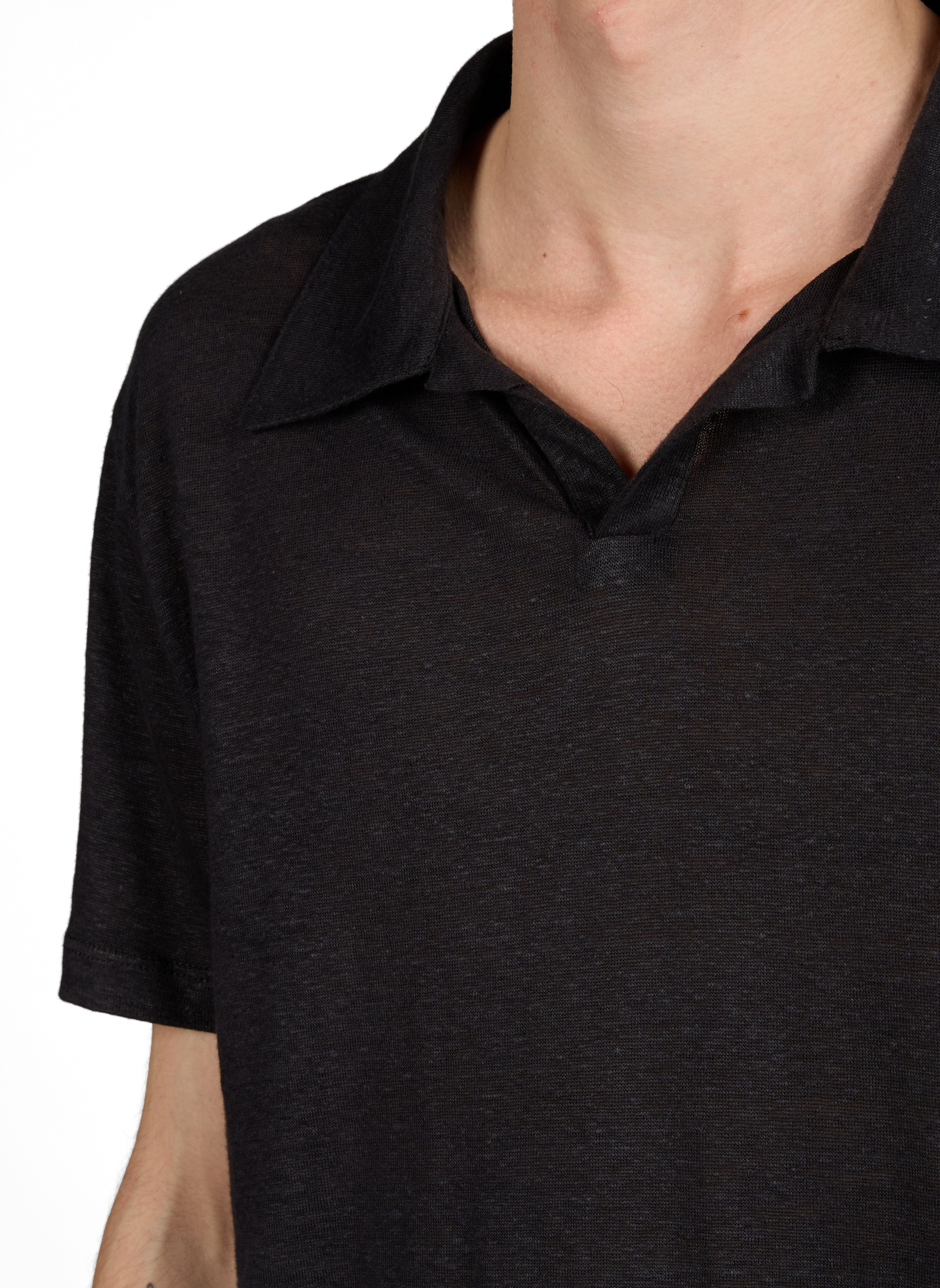 Polo uni à manches courtes en lin OFFICINE GENERALE Noir