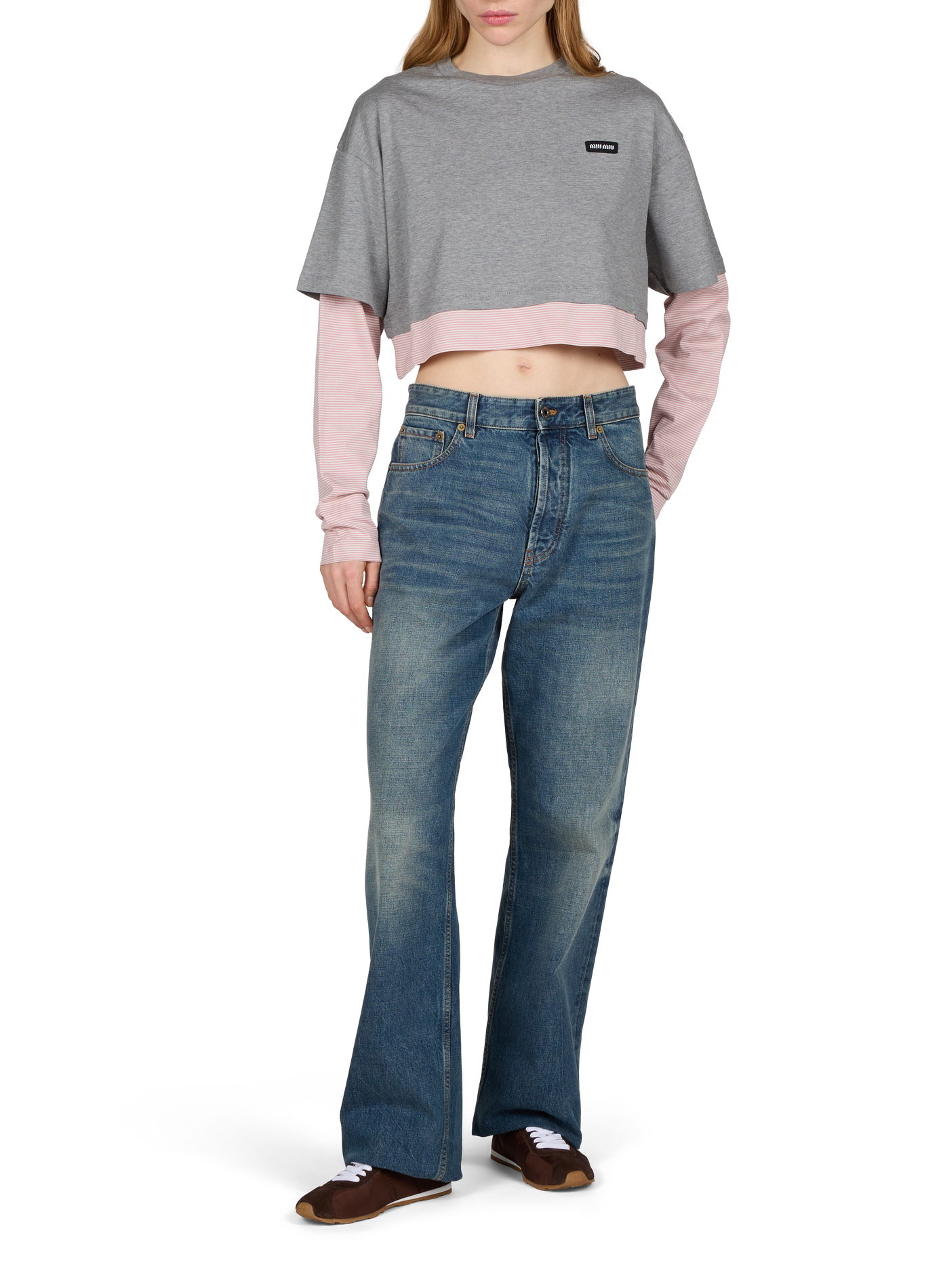 Kort gestreept T-shirt met lange mouwen MIU MIU Grijs