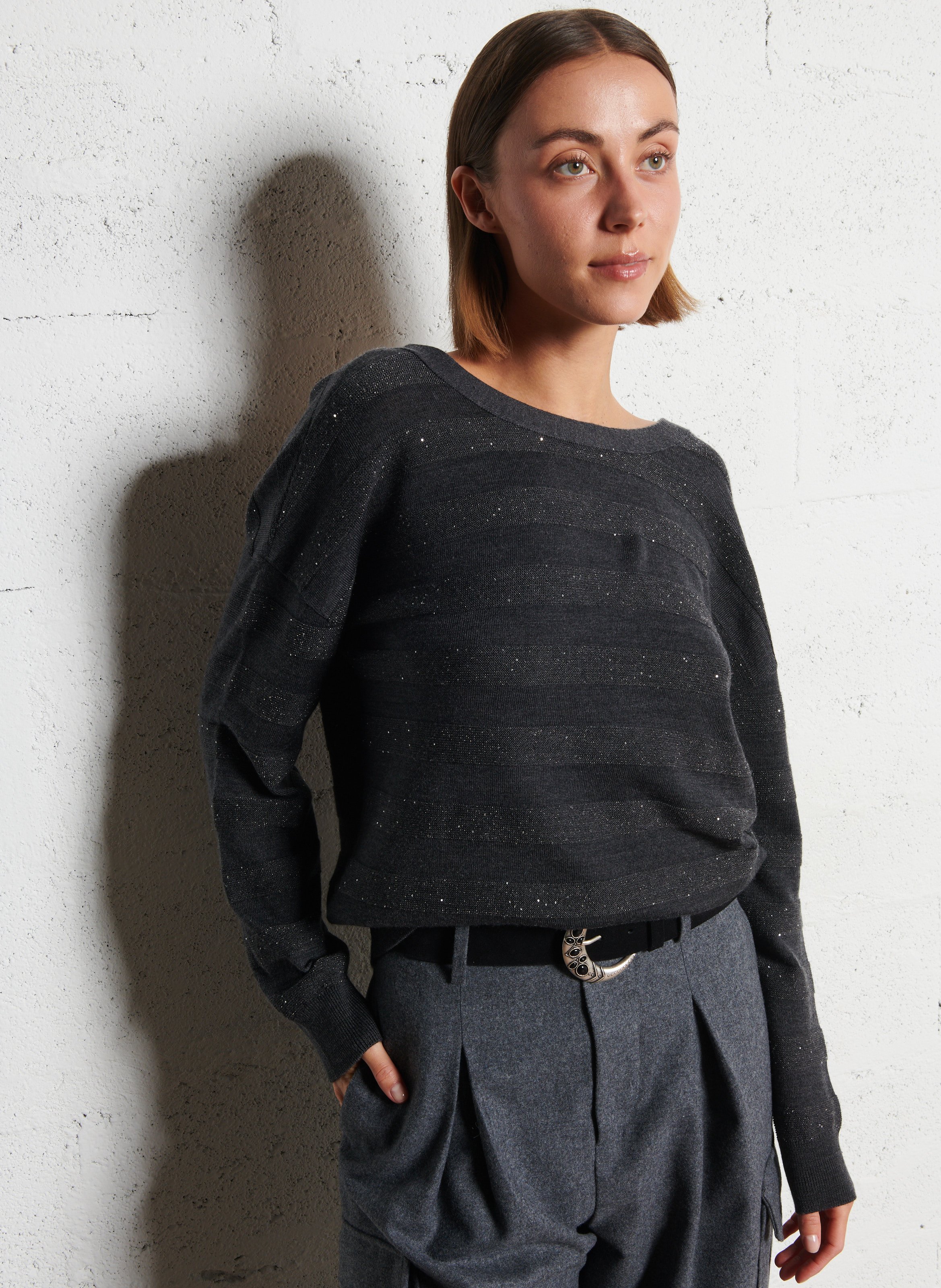 Cardigan devant dos boutonné rayé à sequins IKKS Gris