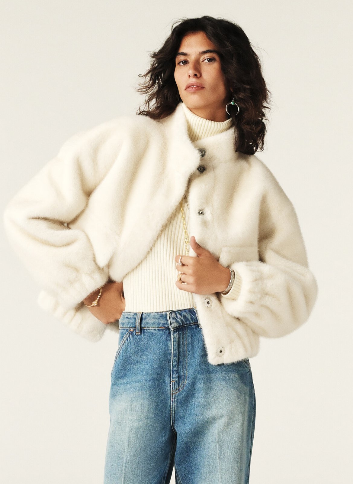 Veste ample col montant en fourrure synthétique paros BA&SH Beige