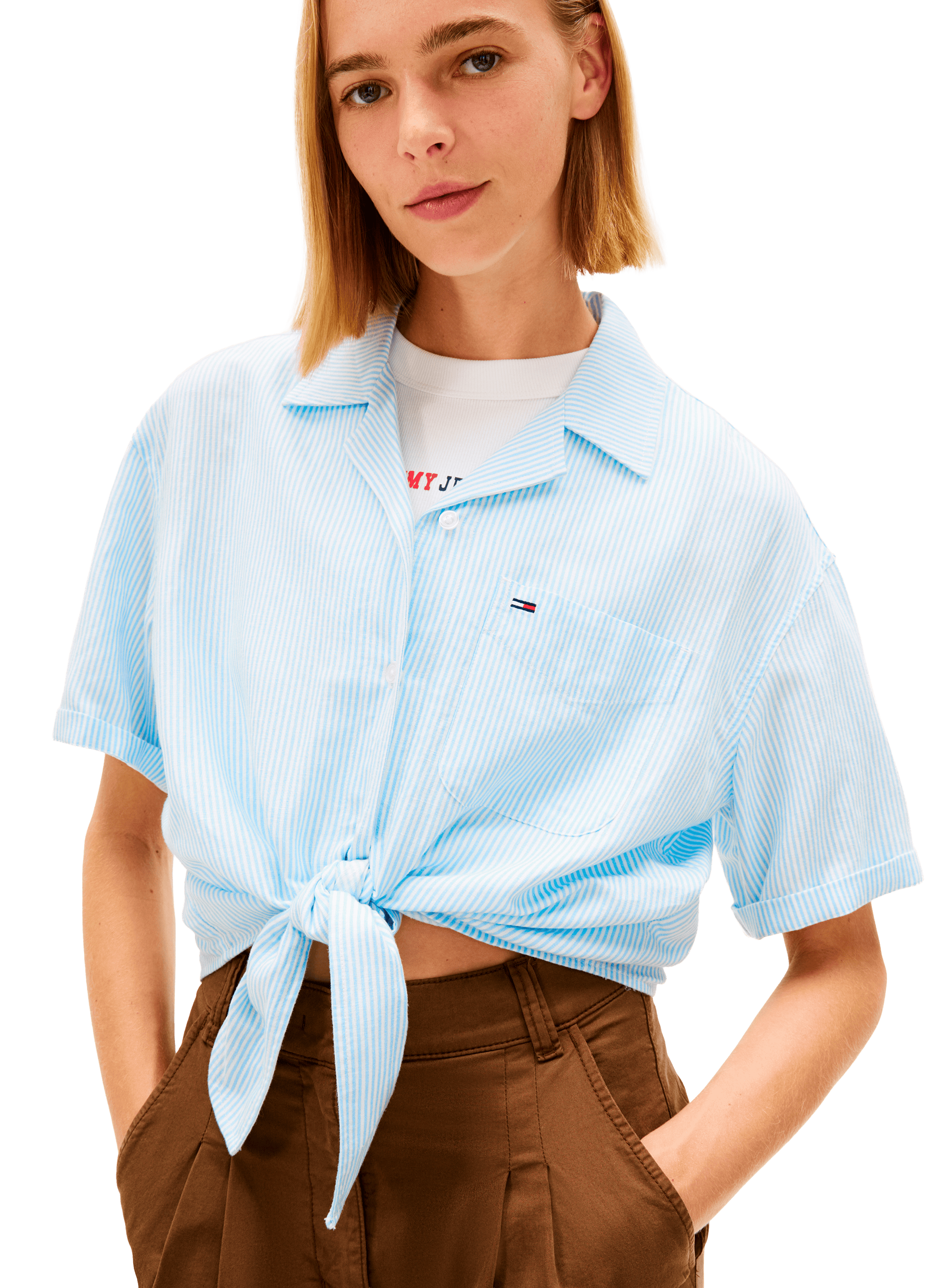 Short-sleeved blouse with bow in linen and linen blend TOMMY HILFIGER Blue