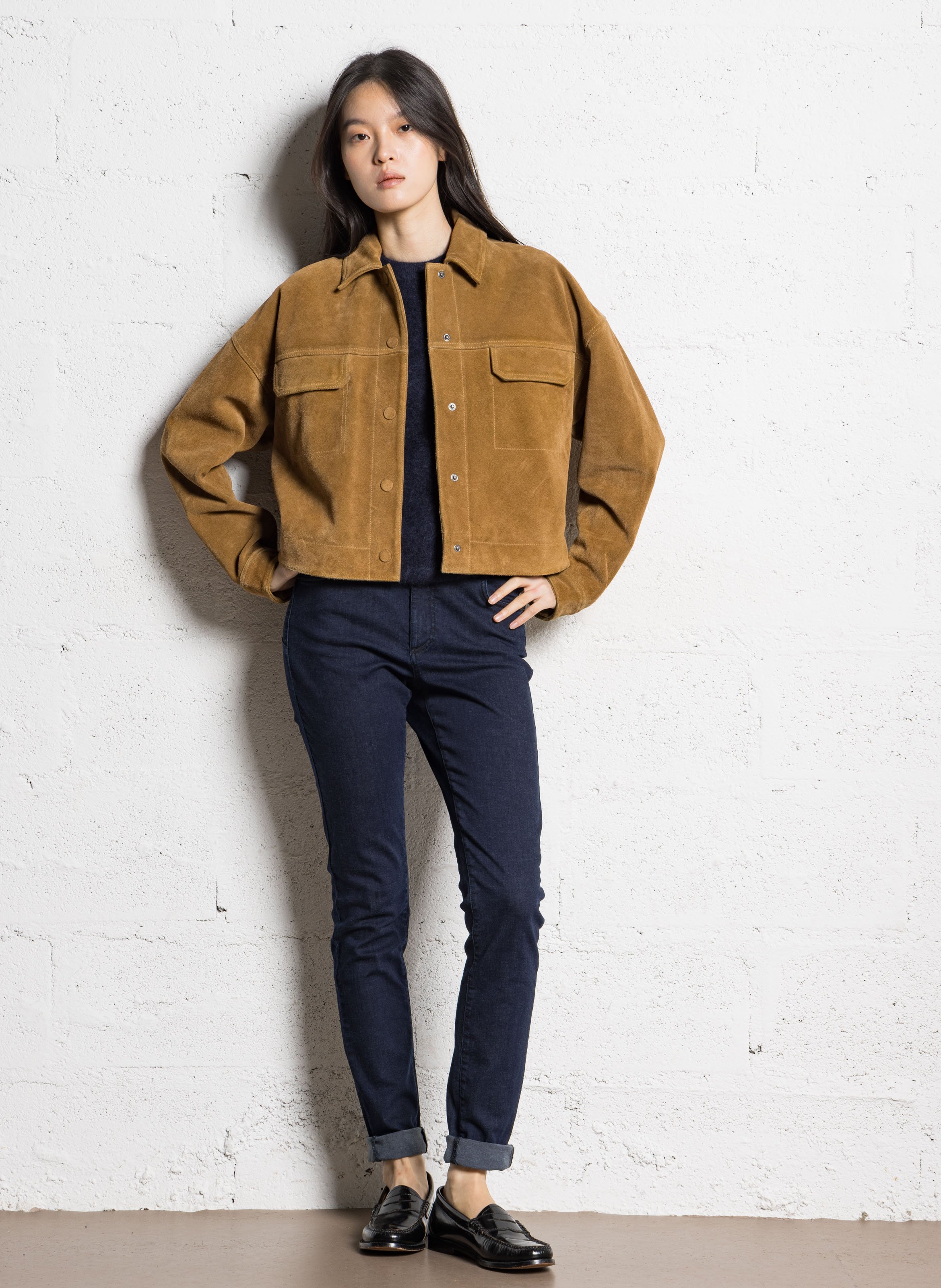 Veste oversize col classique en cuir velours IKKS Marron