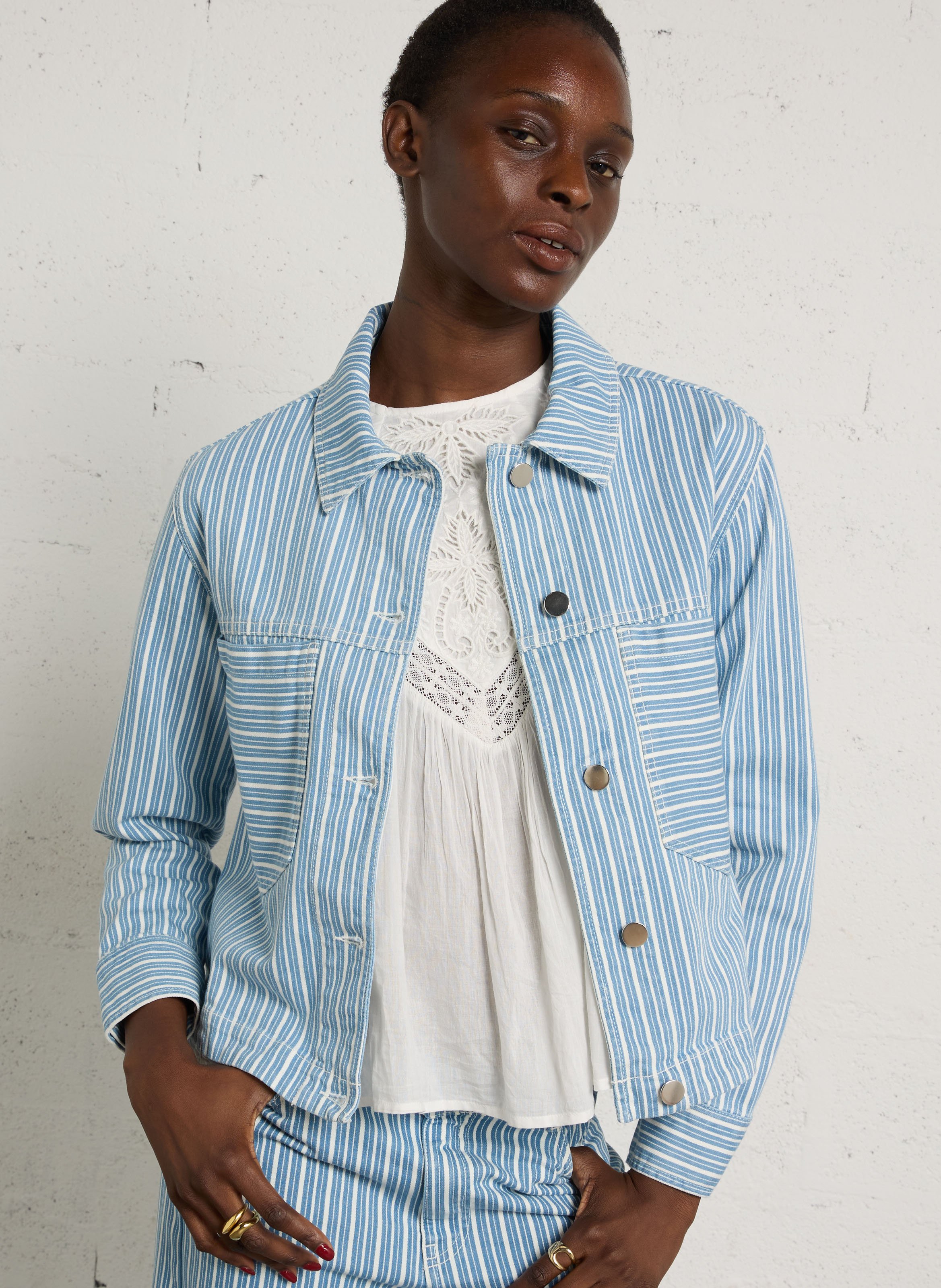 Blouson droit col classique en coton mélangé rayé carla MAISON 123 Bleu