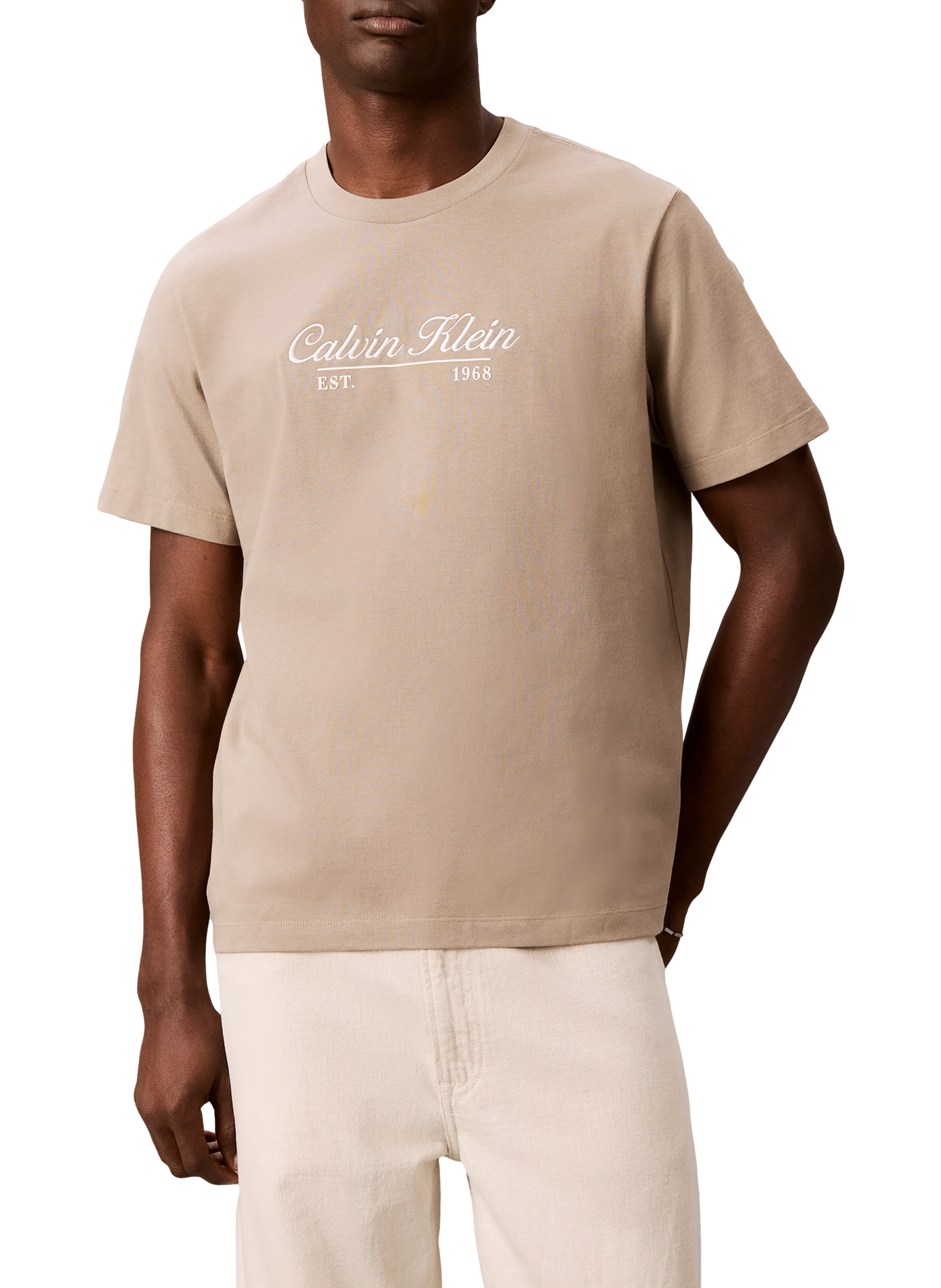 Plain T-shirt with embroidered logo in cotton CALVIN KLEIN Beige