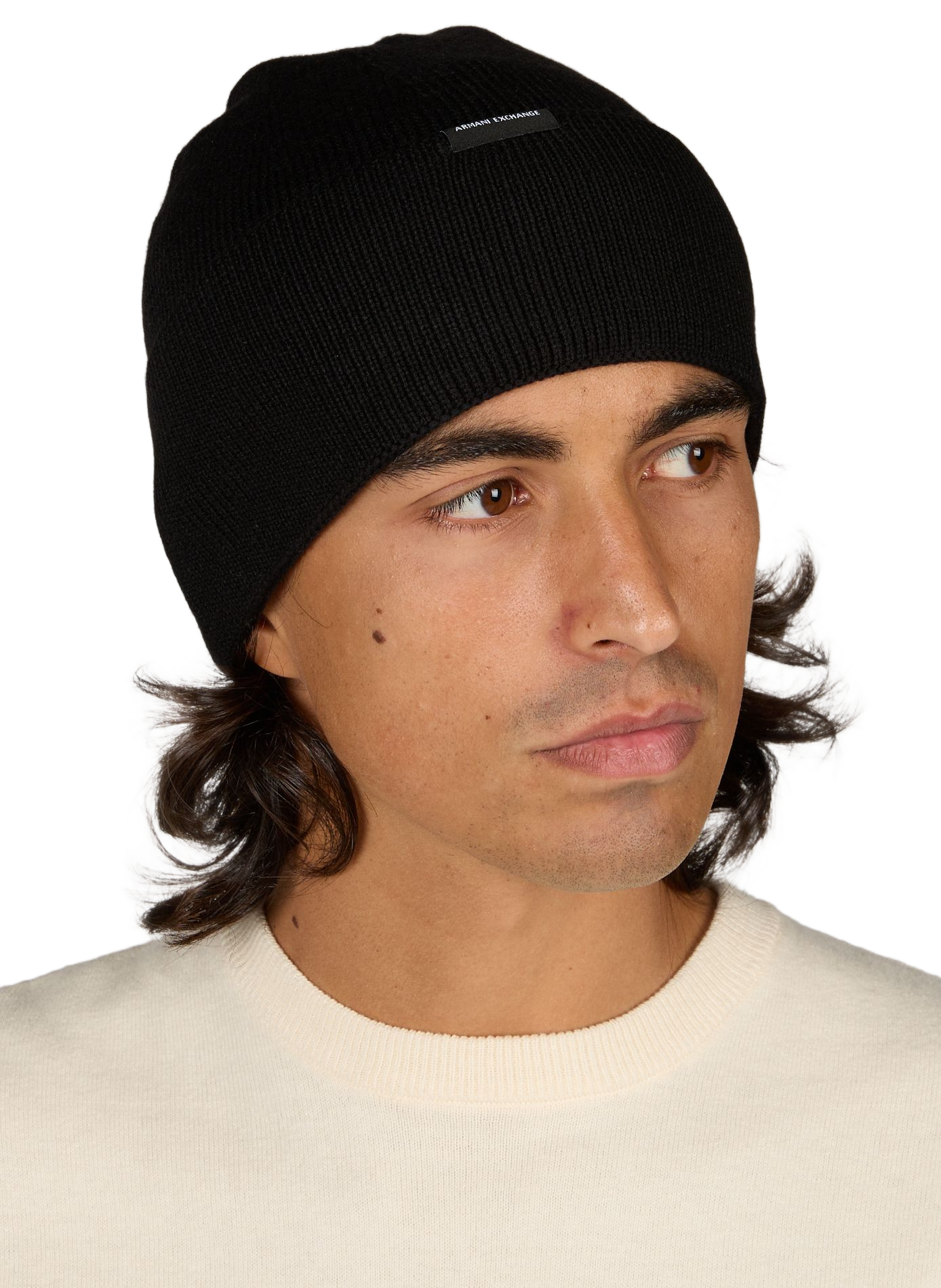 Beanie with wide folded cuff in virgin wool and cotton blend ARMANI EXCHANGE Black