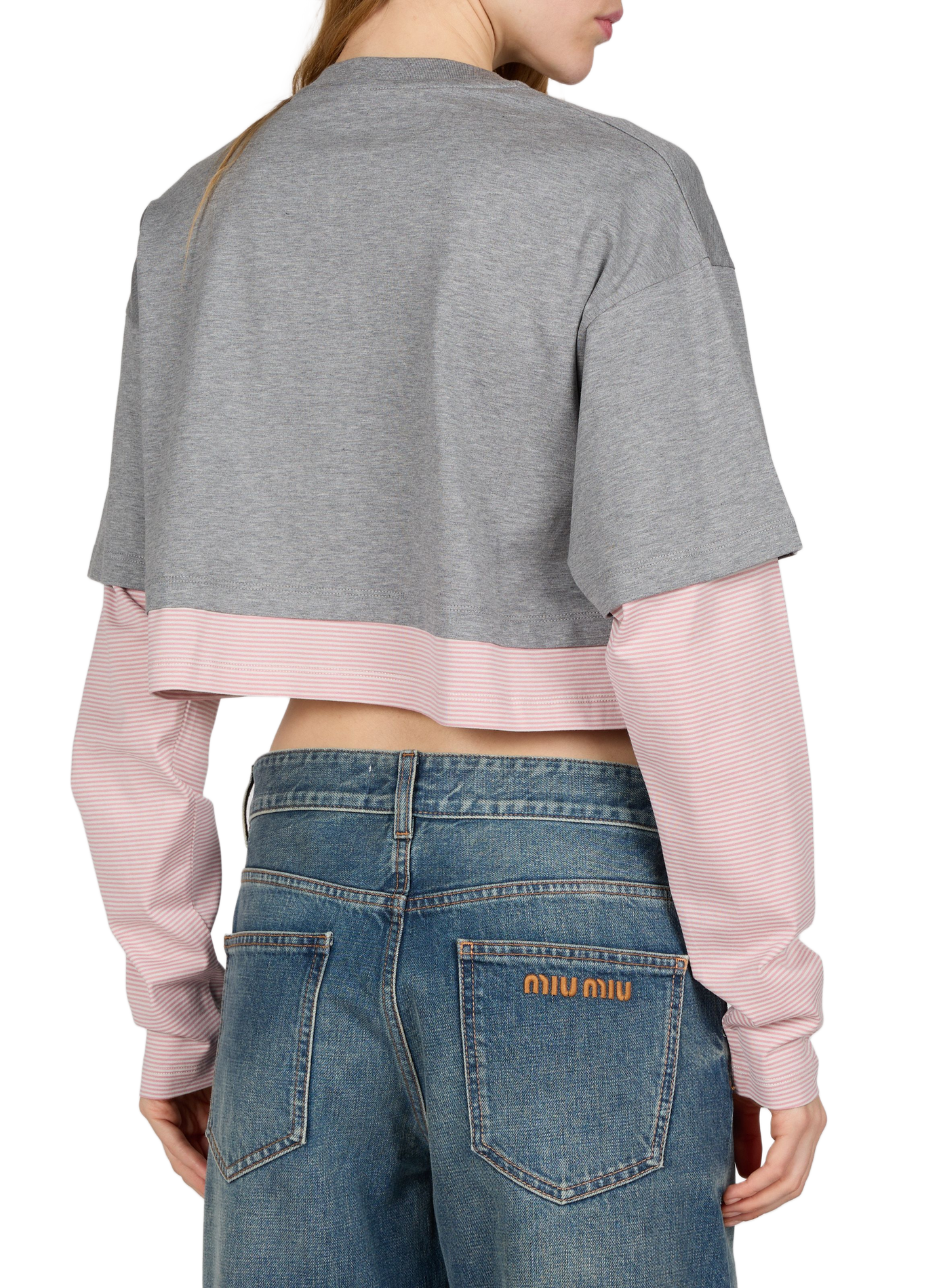 Kort gestreept T-shirt met lange mouwen MIU MIU Grijs