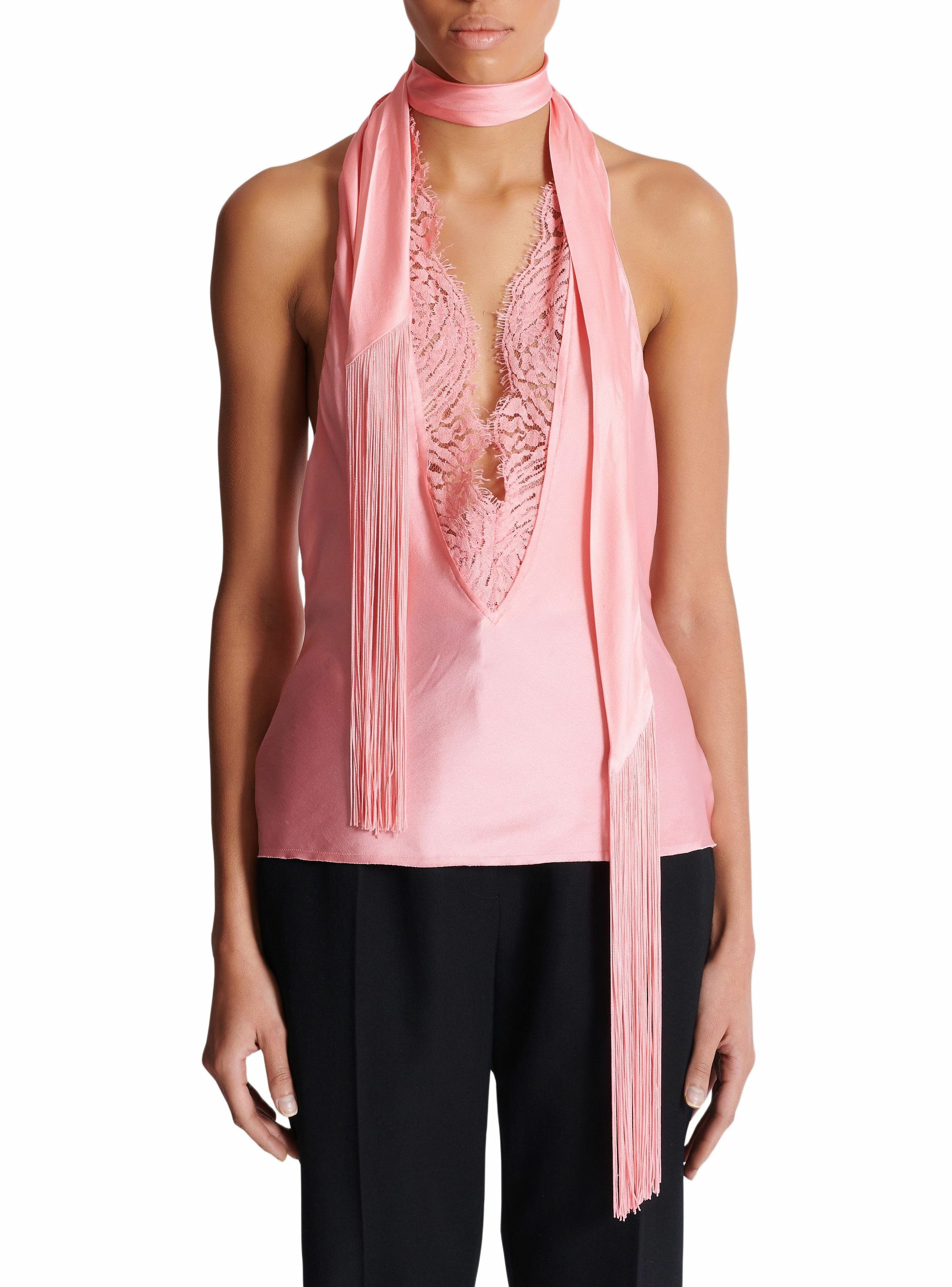 Top dos-nu en satin à franges BALMAIN Rose