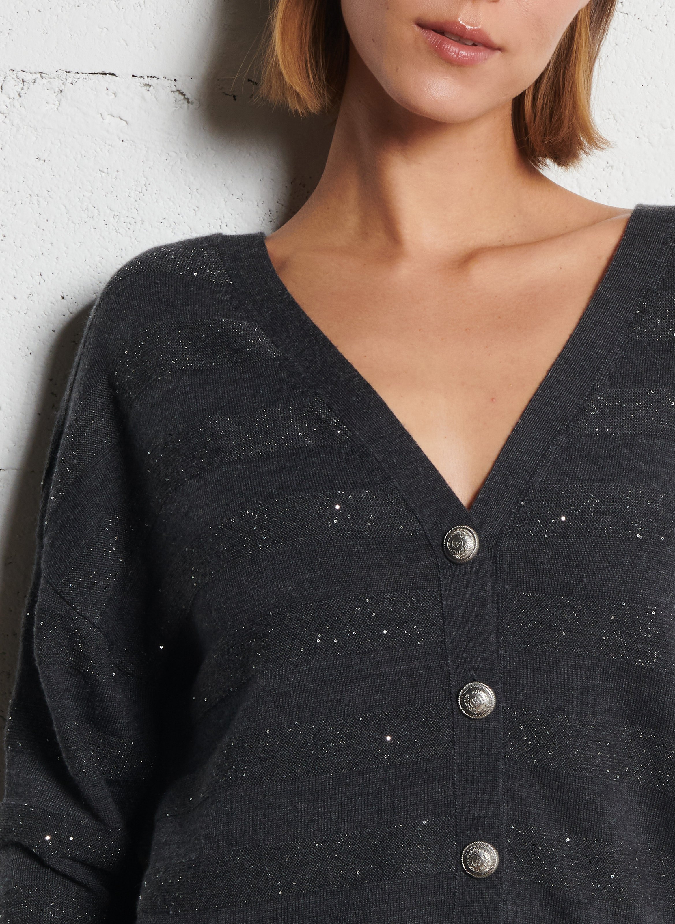 Cardigan devant dos boutonné rayé à sequins IKKS Gris