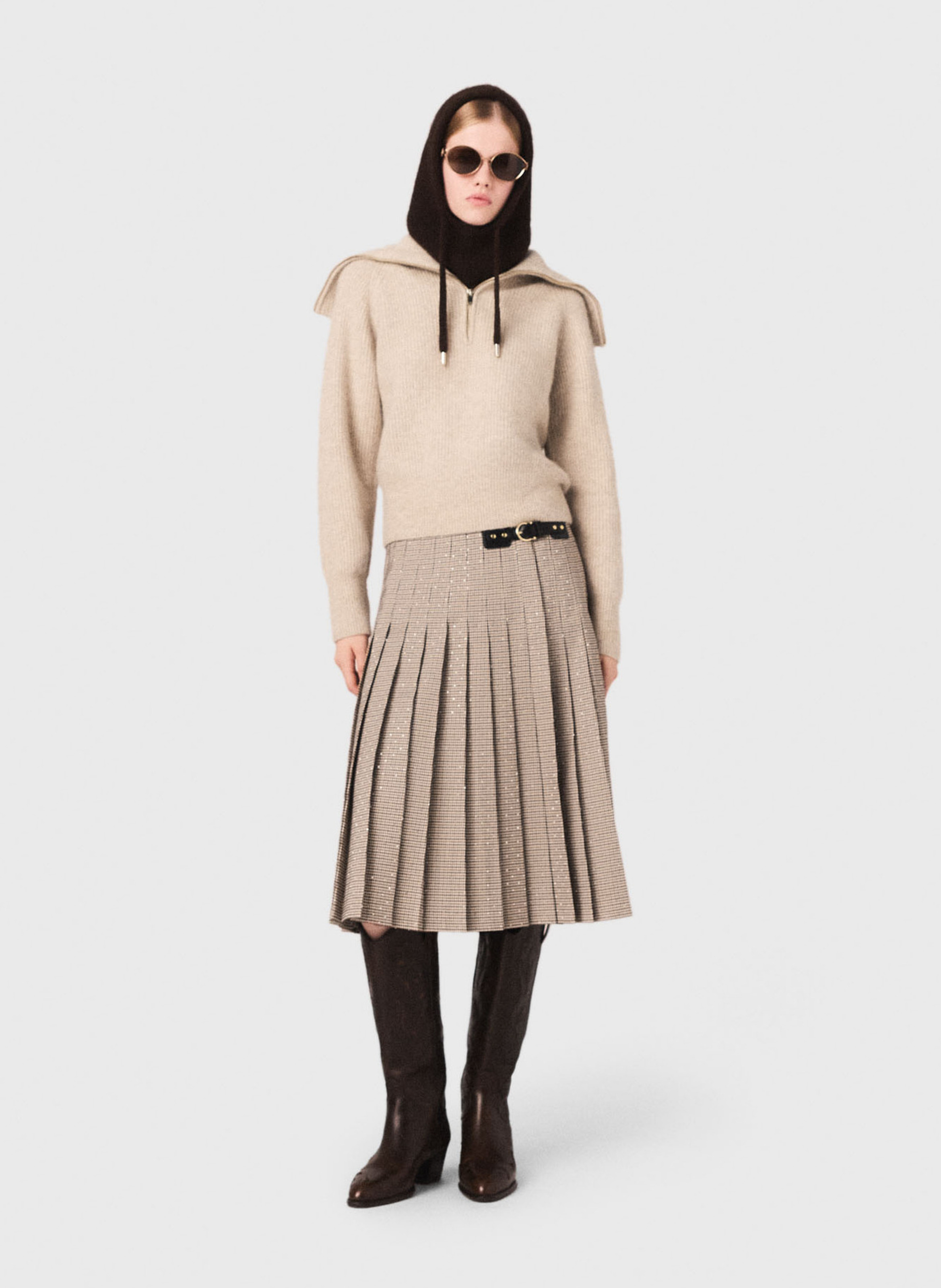 Pull droit col rabattu en maille MAJE Beige