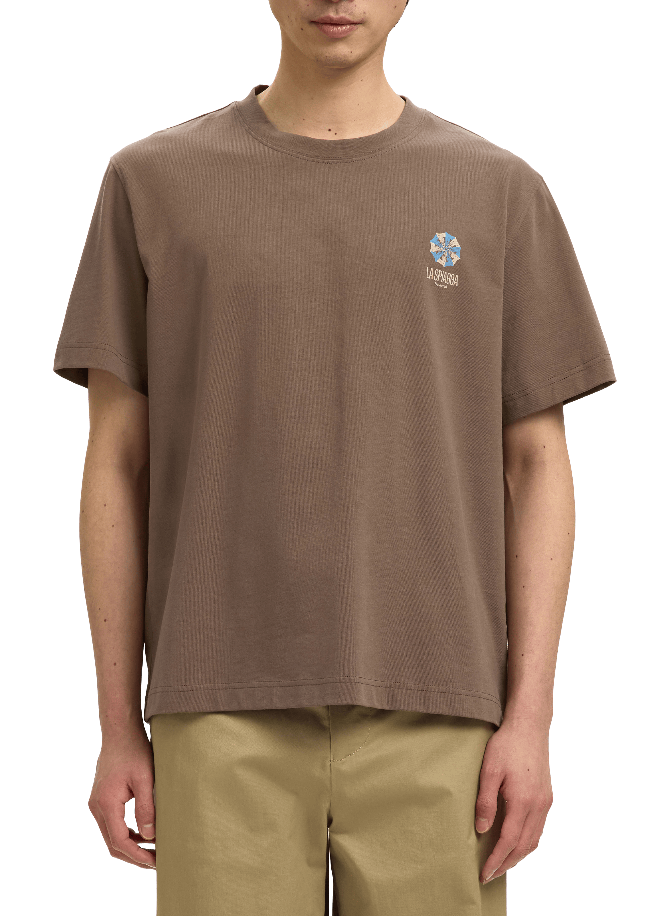 Cotton round-neck T-shirt SELECTED Brown