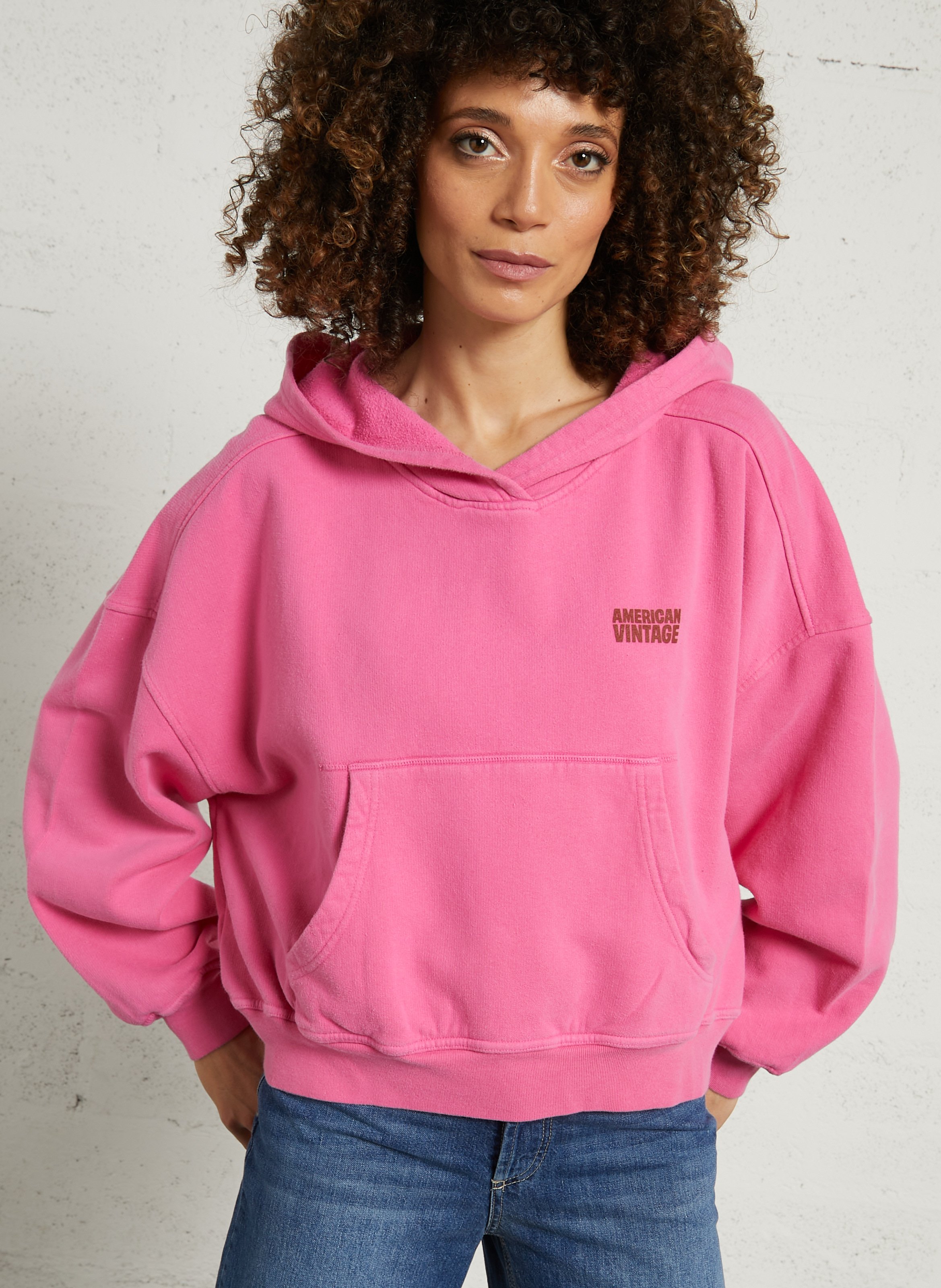 Sweat oversize à capuche en coton plizzy AMERICAN VINTAGE Rose