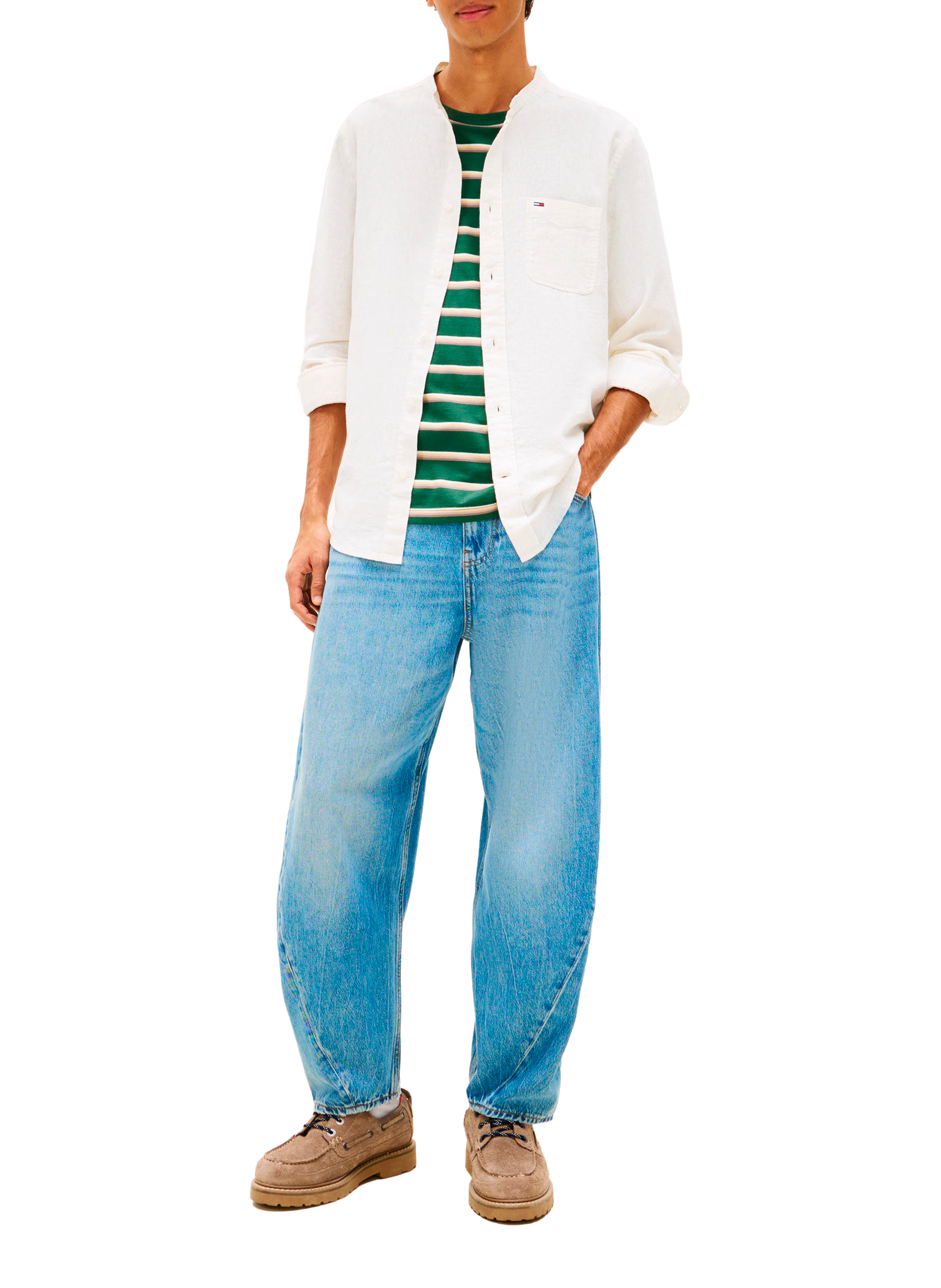 Shirt with a mandarin collar in linen and cotton TOMMY HILFIGER White